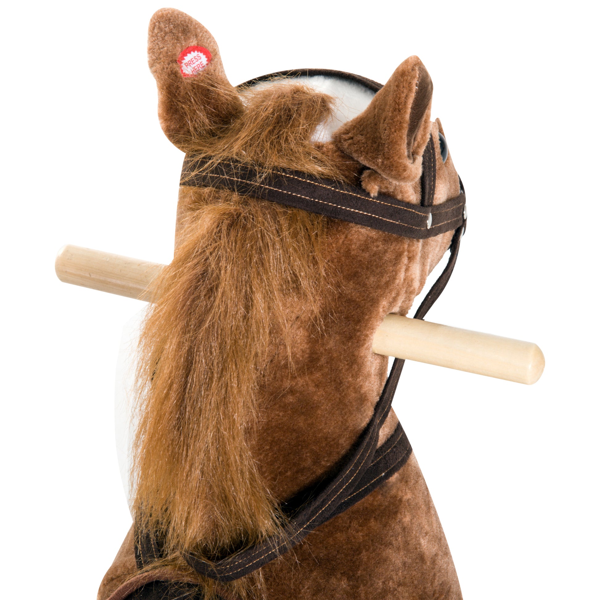 Brown plush rocking horse toy with reins and wooden handles perfect for toddlers