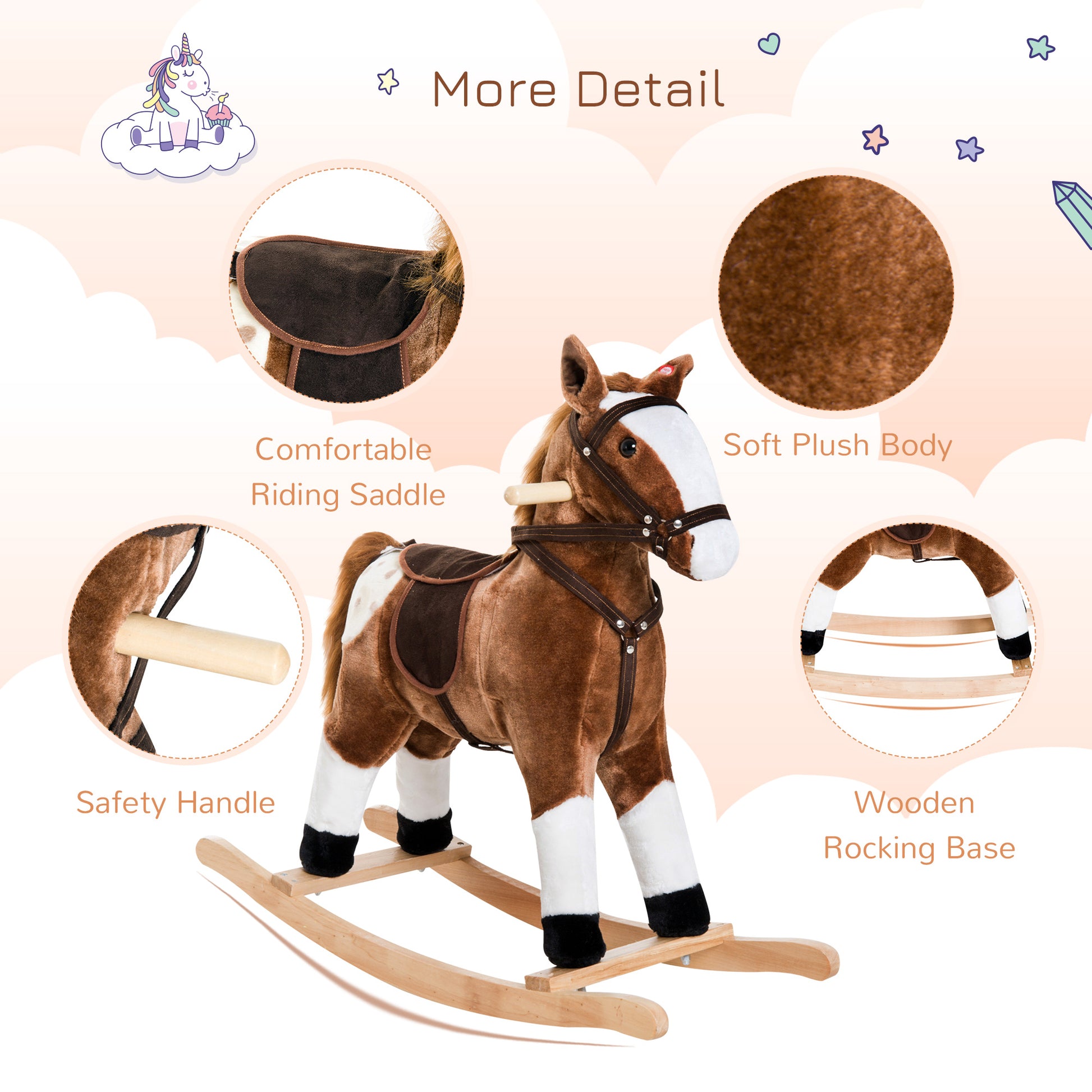 Brown plush rocking horse with white markings safety handles and wooden base