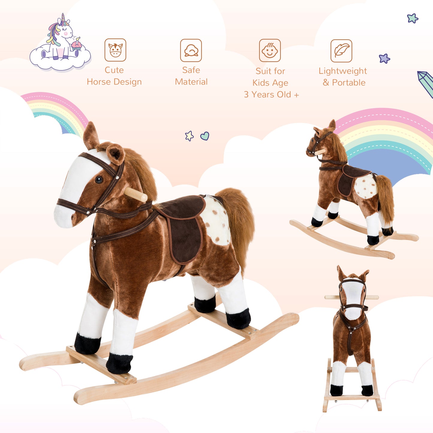 Plush brown rocking horse with white muzzle and spotted flank perfect for toddlers