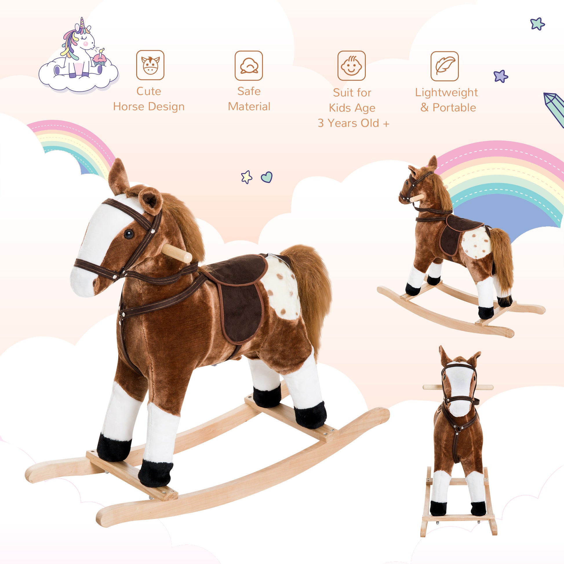 Plush brown rocking horse with white muzzle and spotted flank perfect for toddlers