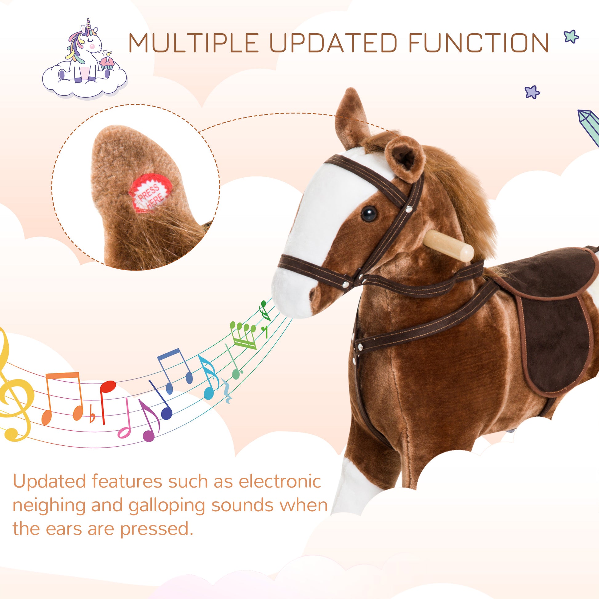 Brown plush rocking horse toy with white blaze brown saddle and reins