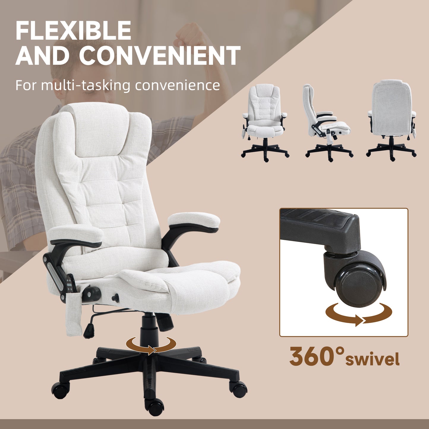 Comfortable white fabric office chair with padded seat and armrests