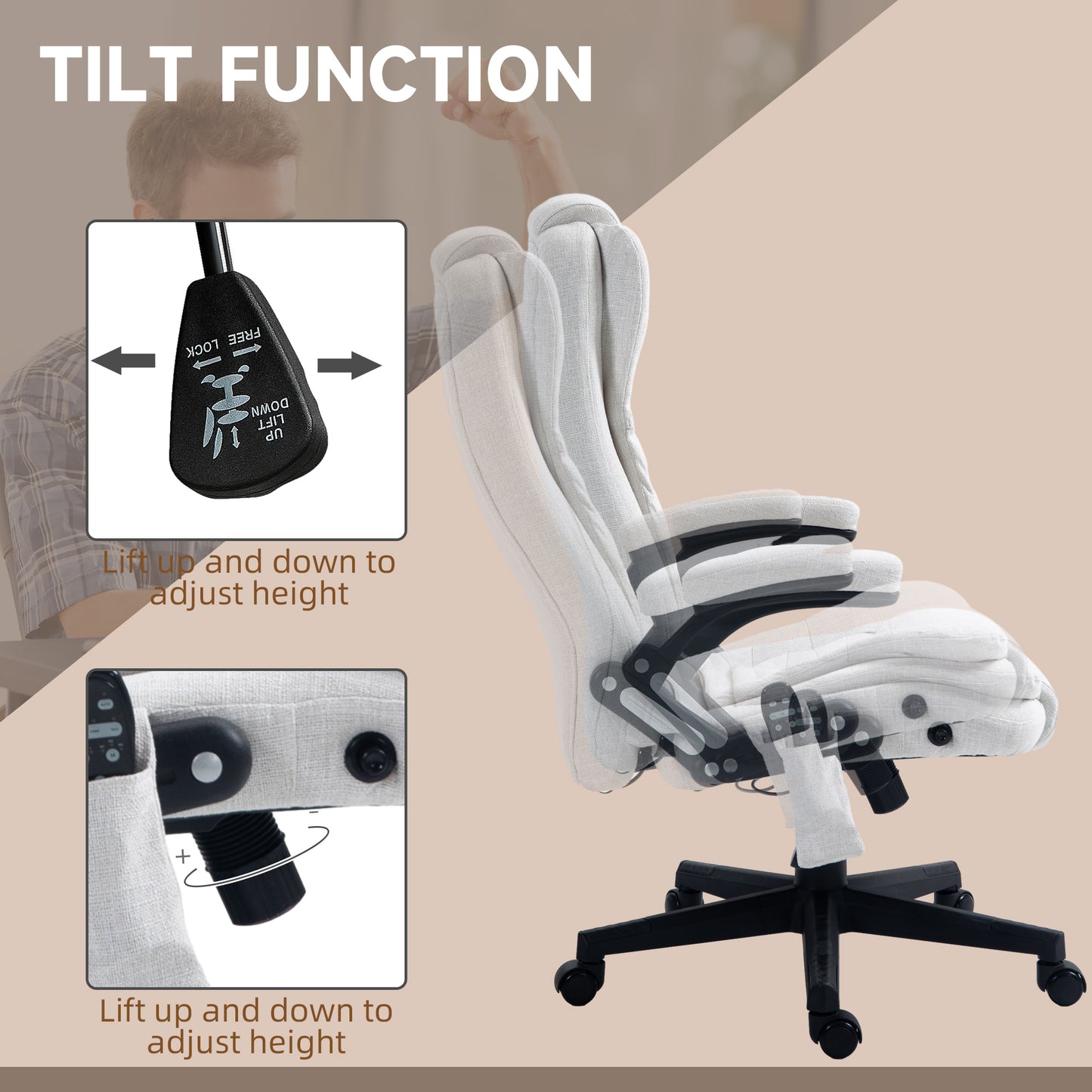 Cream fabric office chair with adjustable height lever for ergonomic comfort