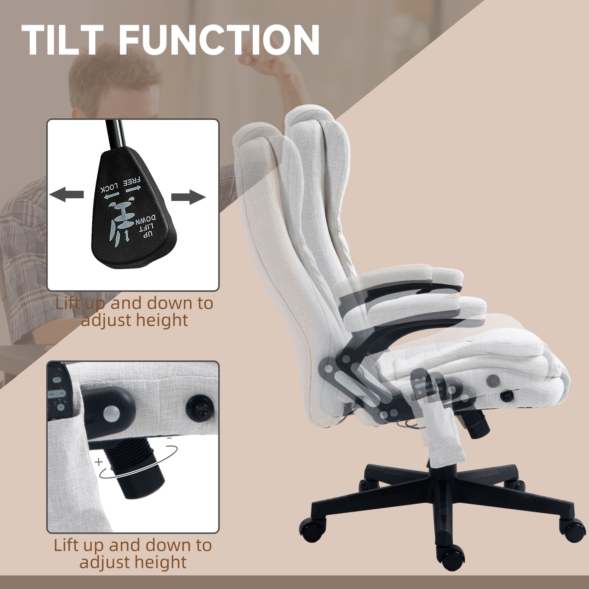 Cream fabric office chair with adjustable height lever for ergonomic comfort