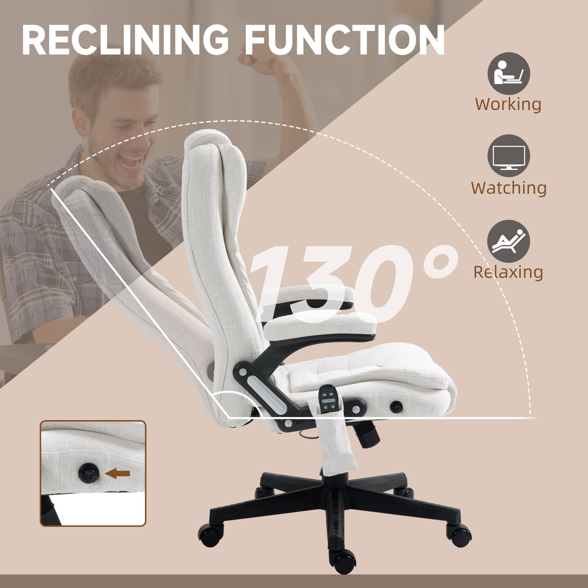 Light beige fabric ergonomic office chair with adjustable reclining function