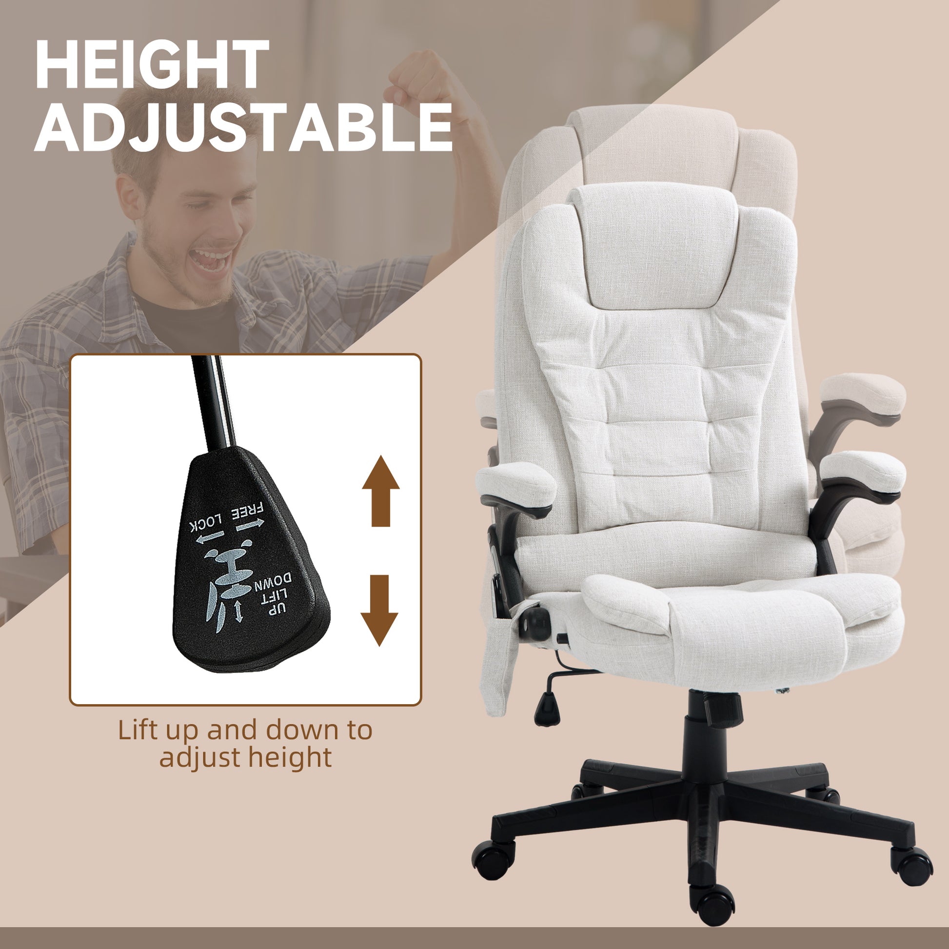 Cream fabric office chair with height adjustment lever showcasing comfortable design