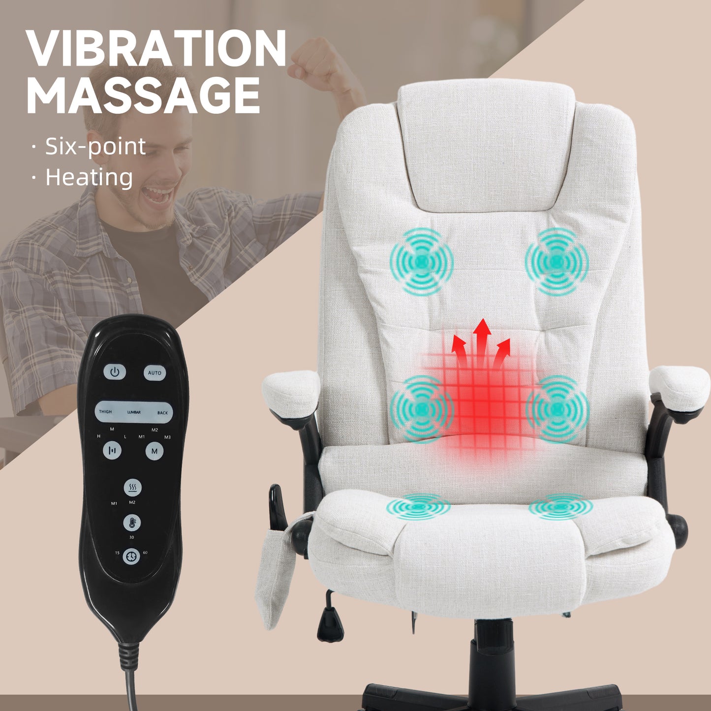 Cream fabric massage chair with sixpoint vibration and heating functions