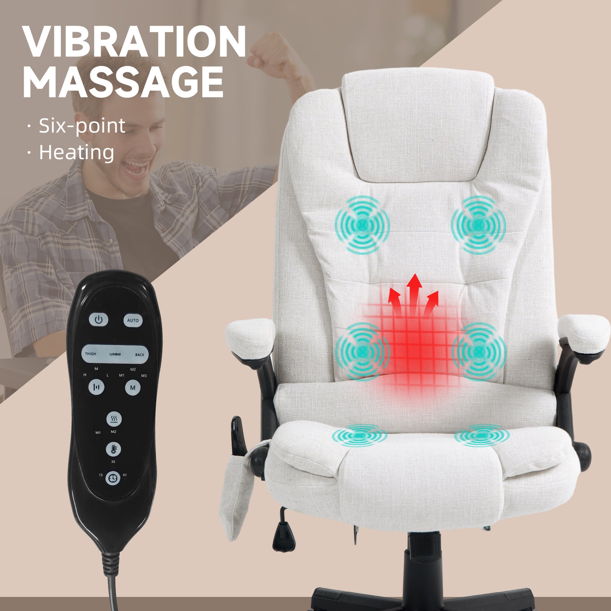 Cream fabric massage chair with sixpoint vibration and heating functions