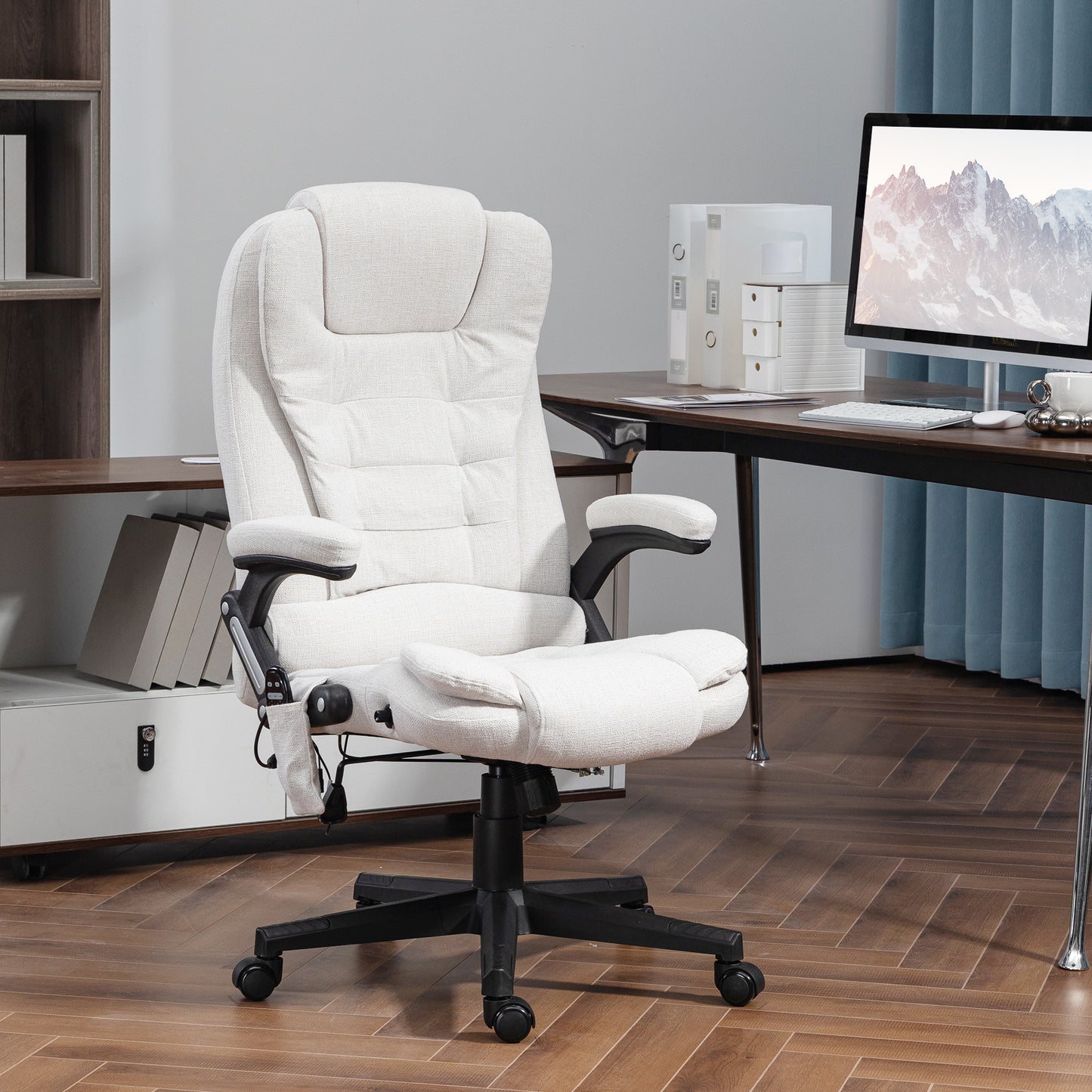 Ergonomic white fabric office chair with adjustable lumbar support and a footrest