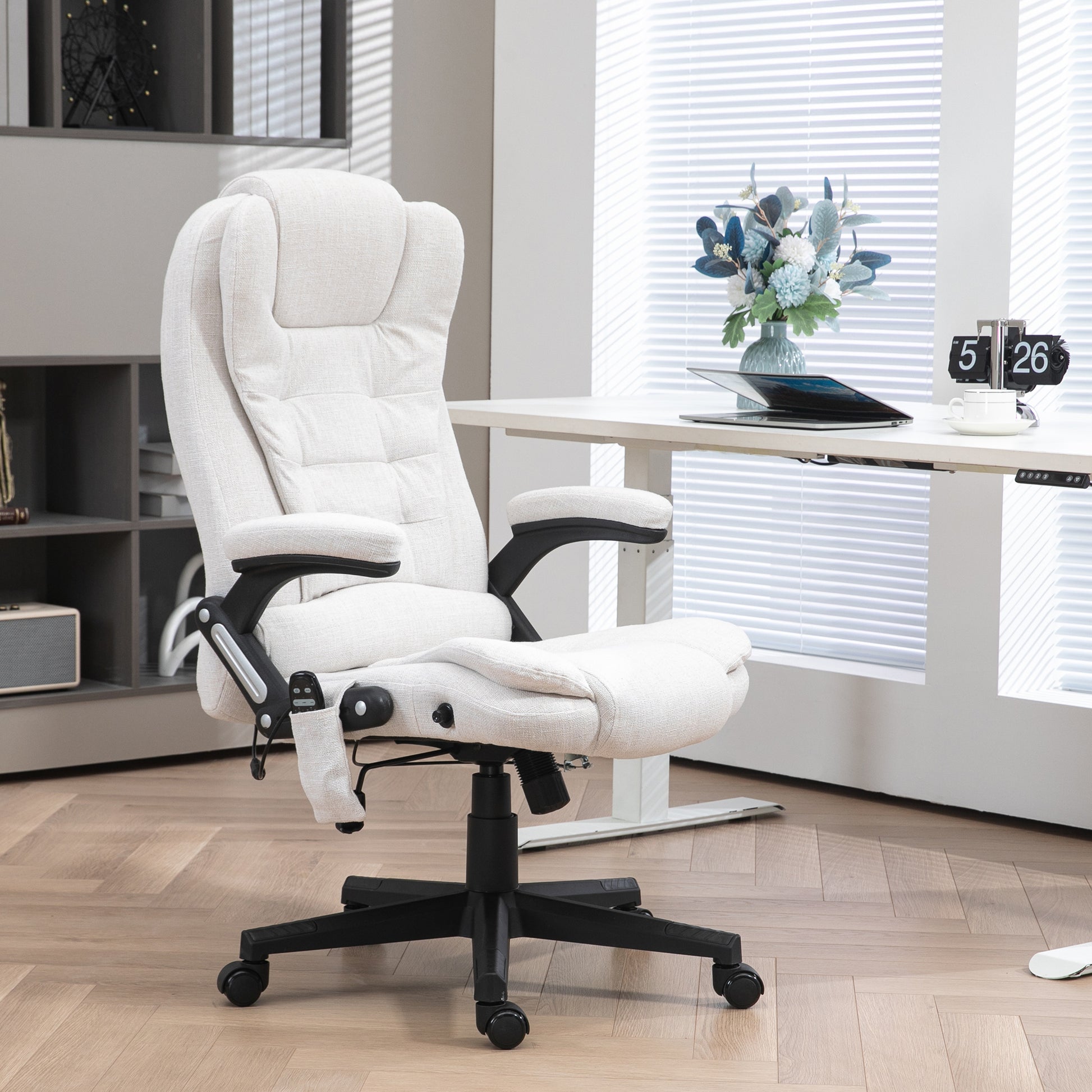 Plush cream fabric executive chair with lumbar support and adjustable footrest