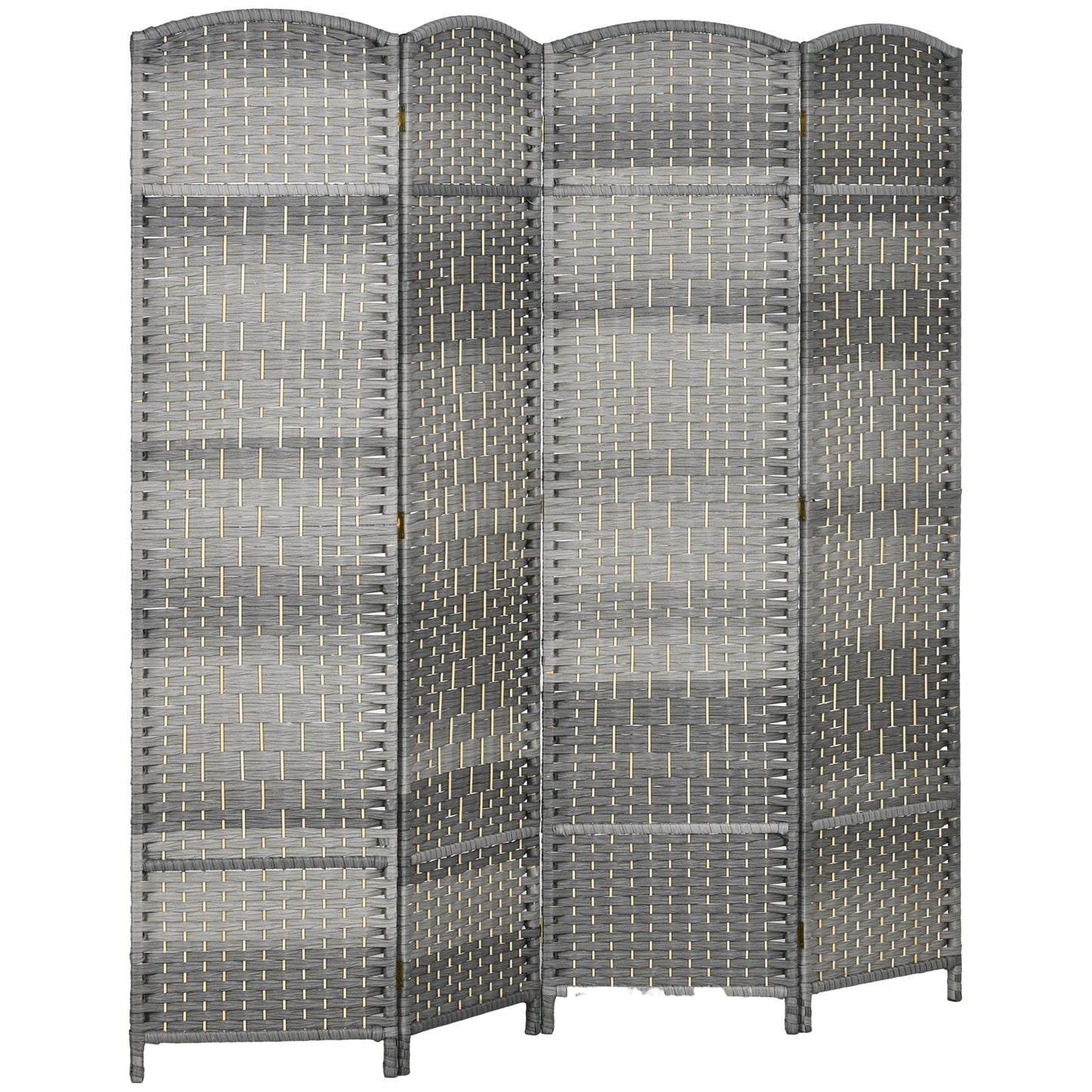 Fourpanel gray rattan room divider with woven texture