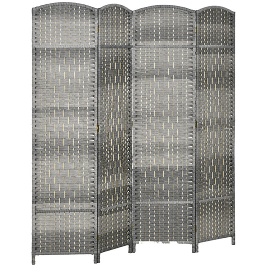 Fourpanel gray rattan room divider with woven texture
