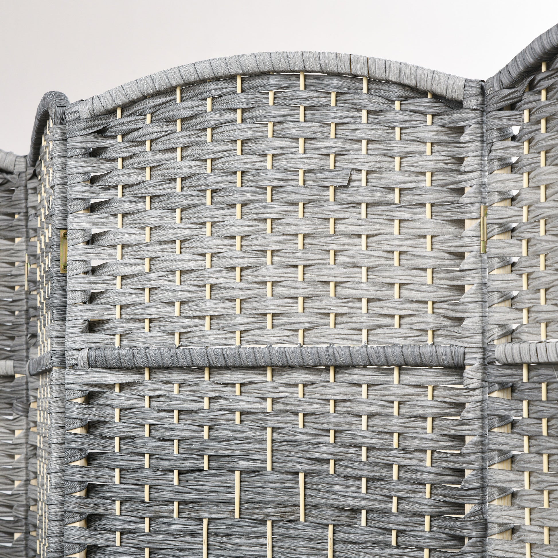Gray woven room divider with bamboo accents and textured finish