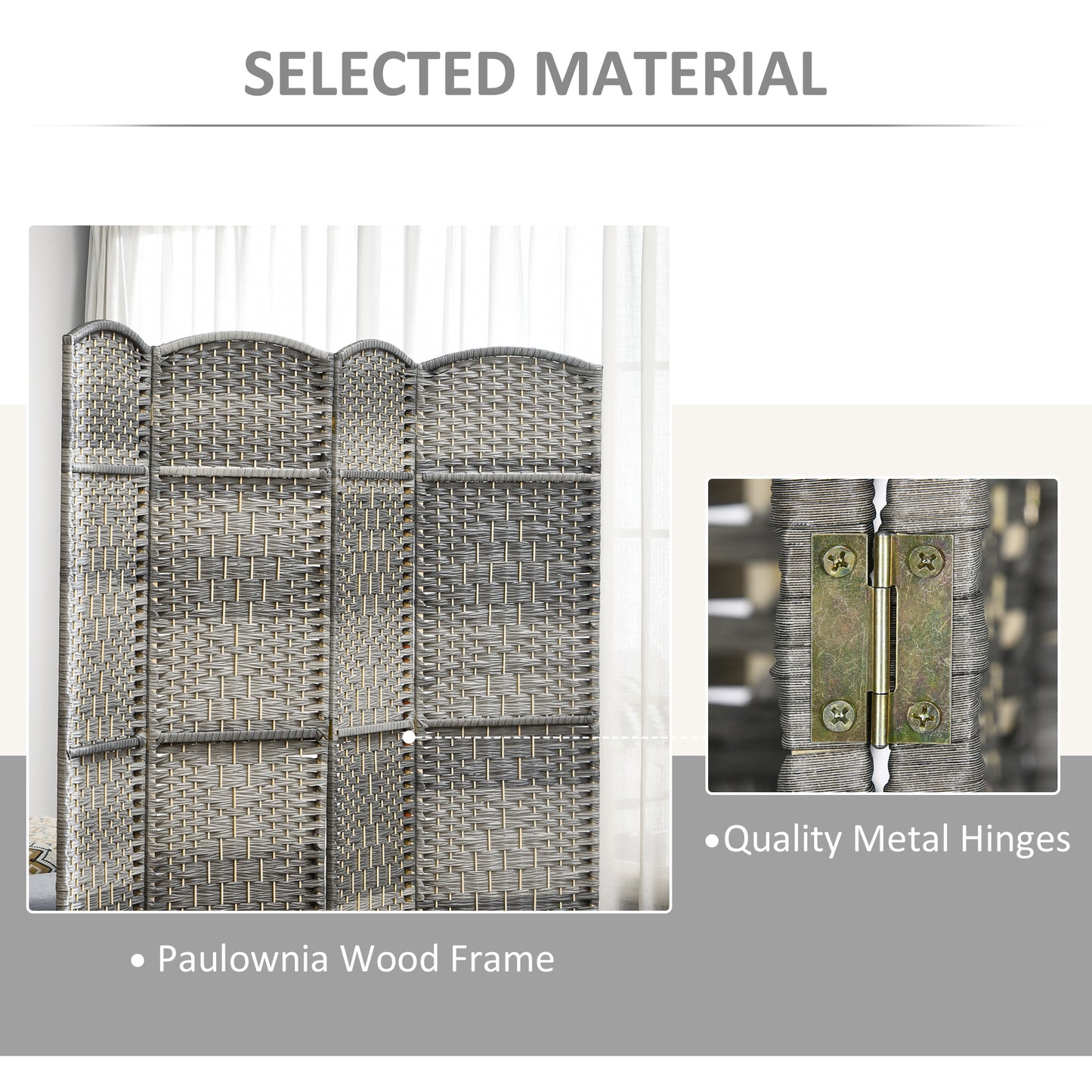 Woven gray room divider with Paulownia wood frame showcasing intricate texture