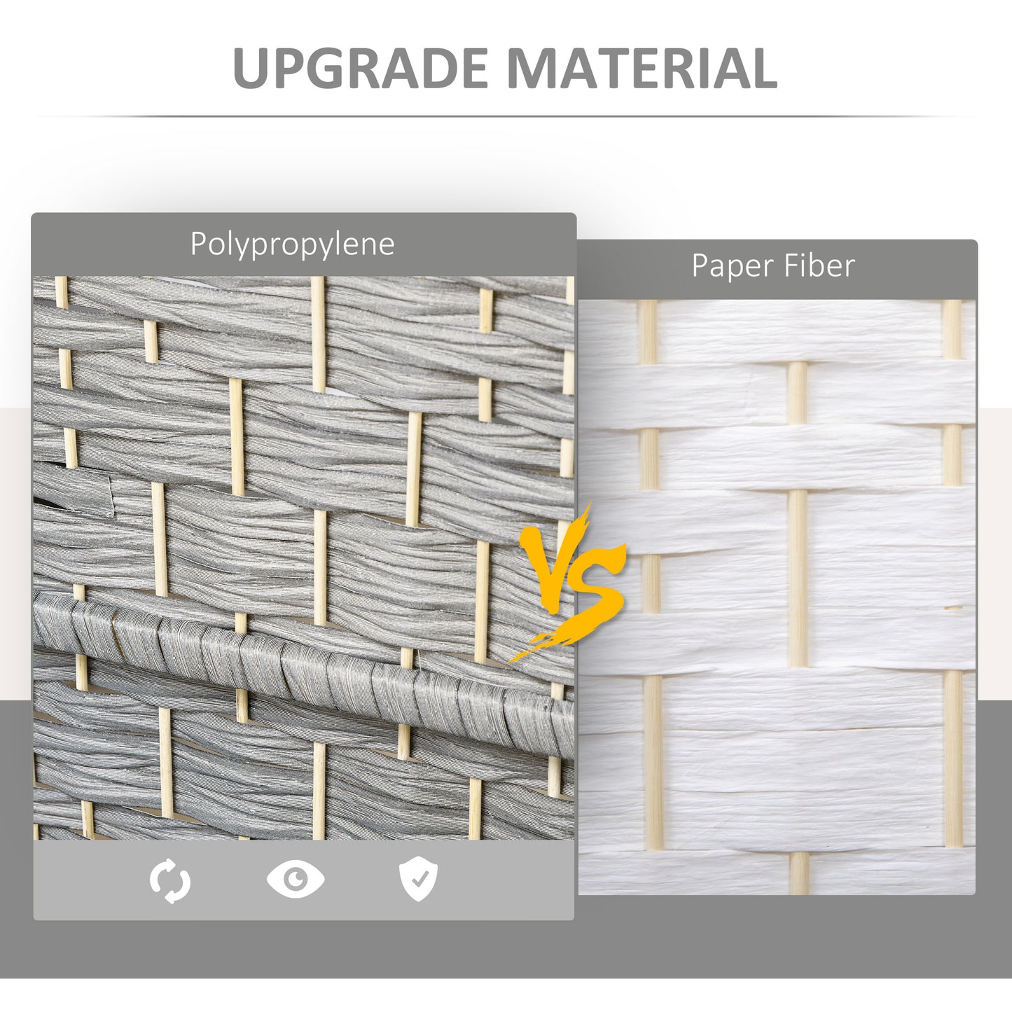 Closeup of woven grey polypropylene material with light wooden vertical supports