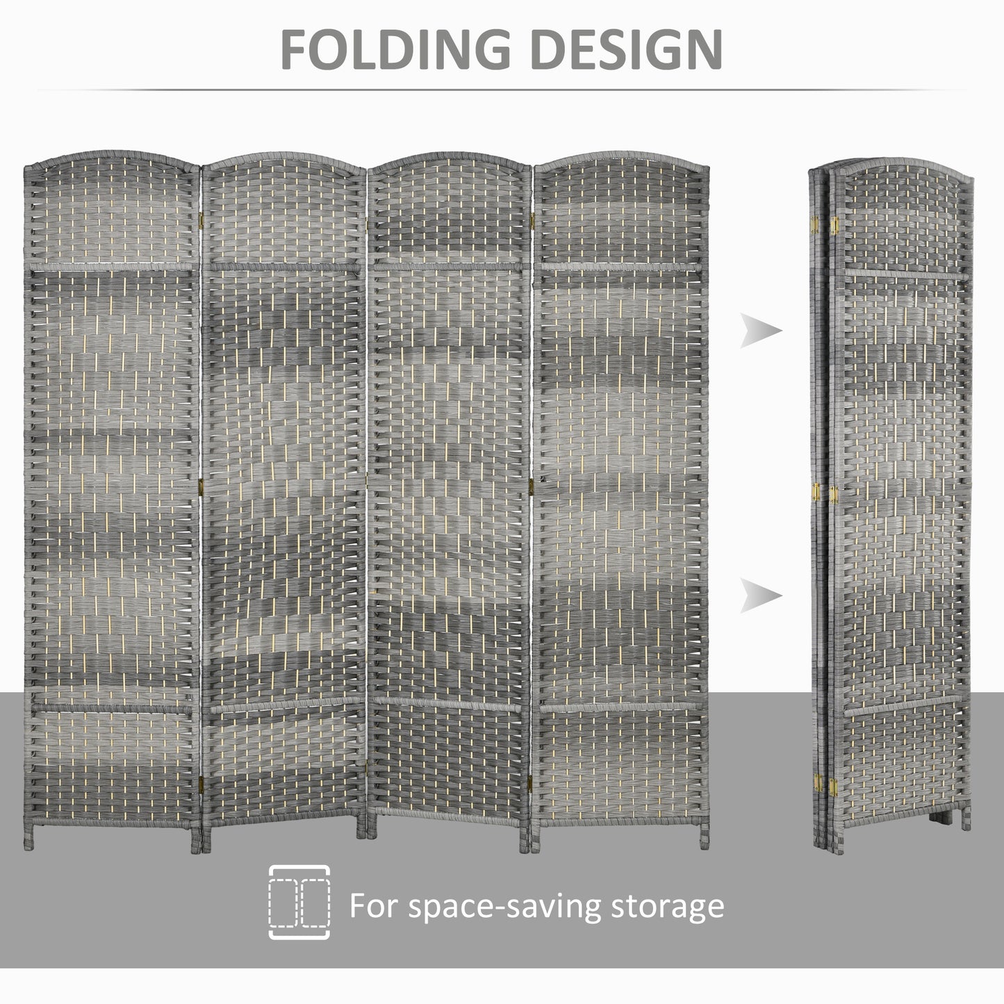 Gray wicker room divider with  panels showing folding design for spacesaving storage
