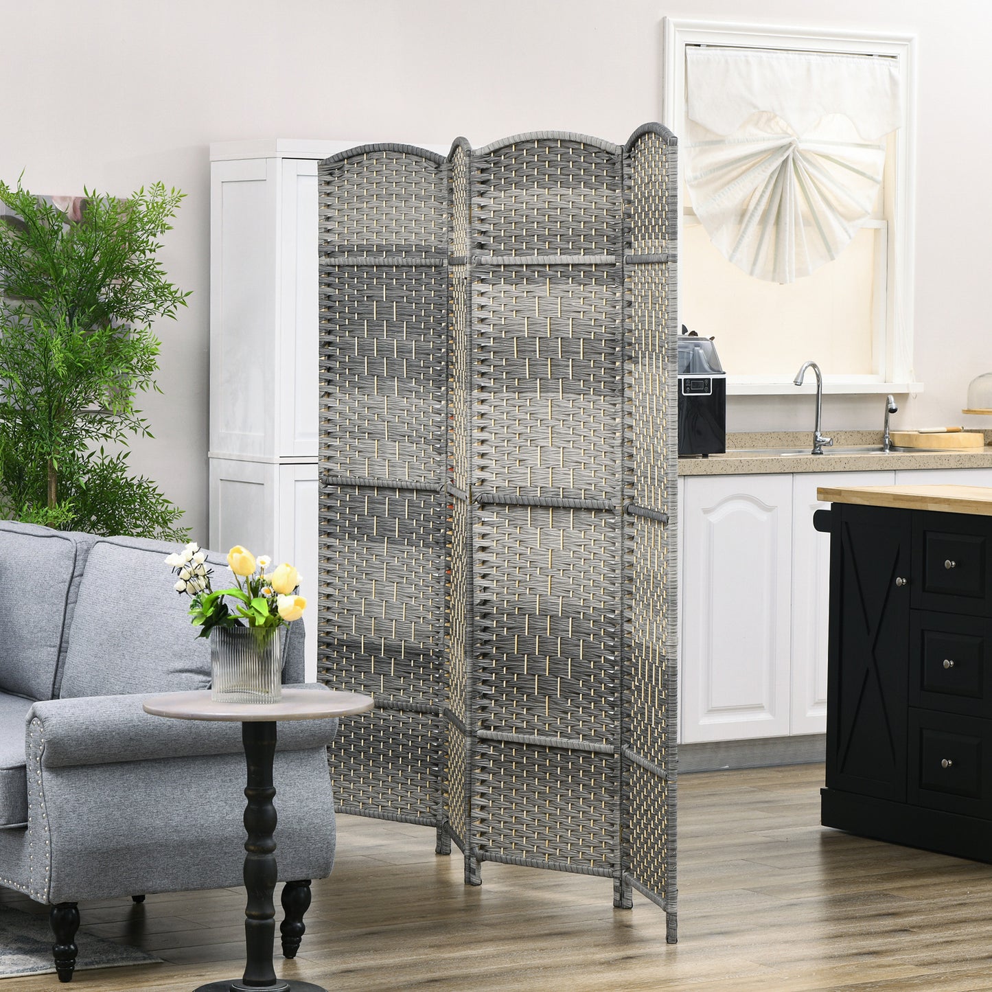 Gray wicker room divider panel woven texture provides privacy and decorative appeal