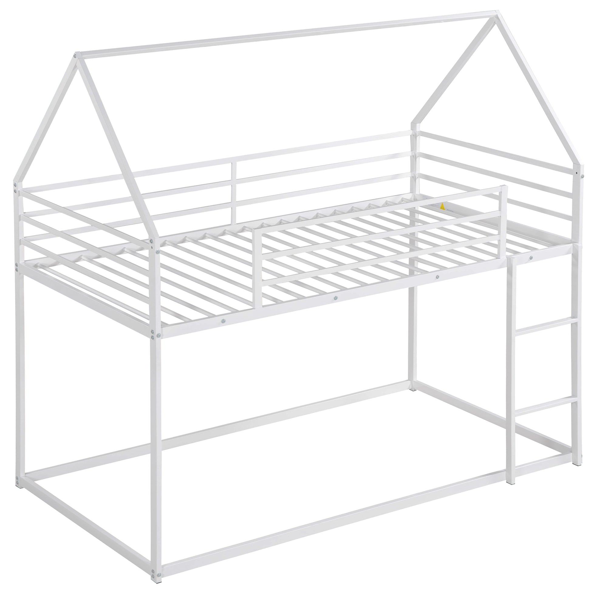 White metal house bed frame with ladder and safety rails
