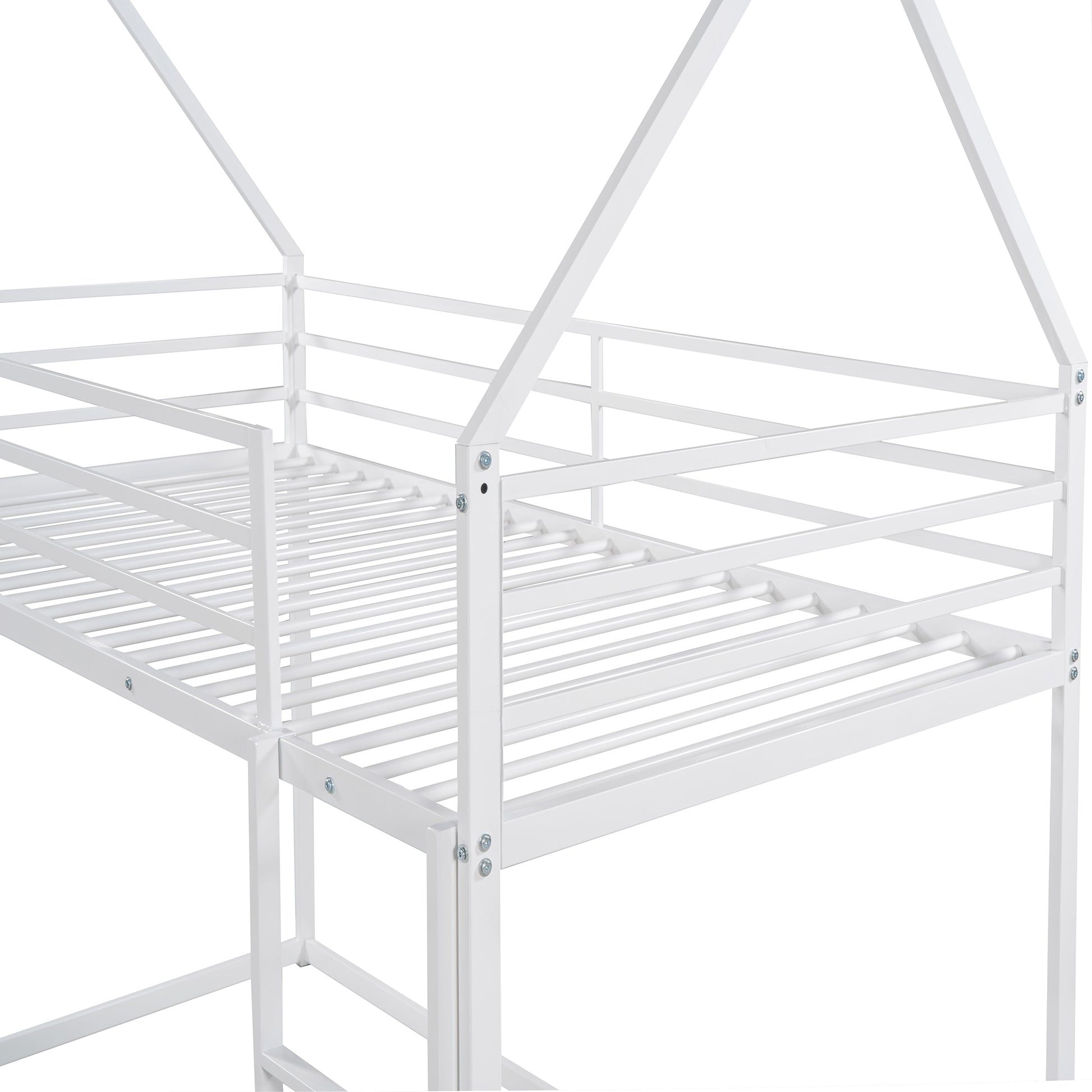 White metal house frame loft bed with slatted base