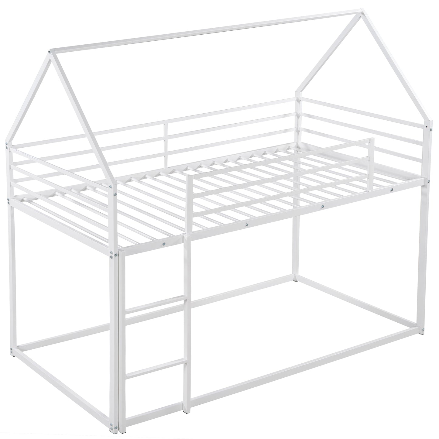 White metal bunk bed with house frame