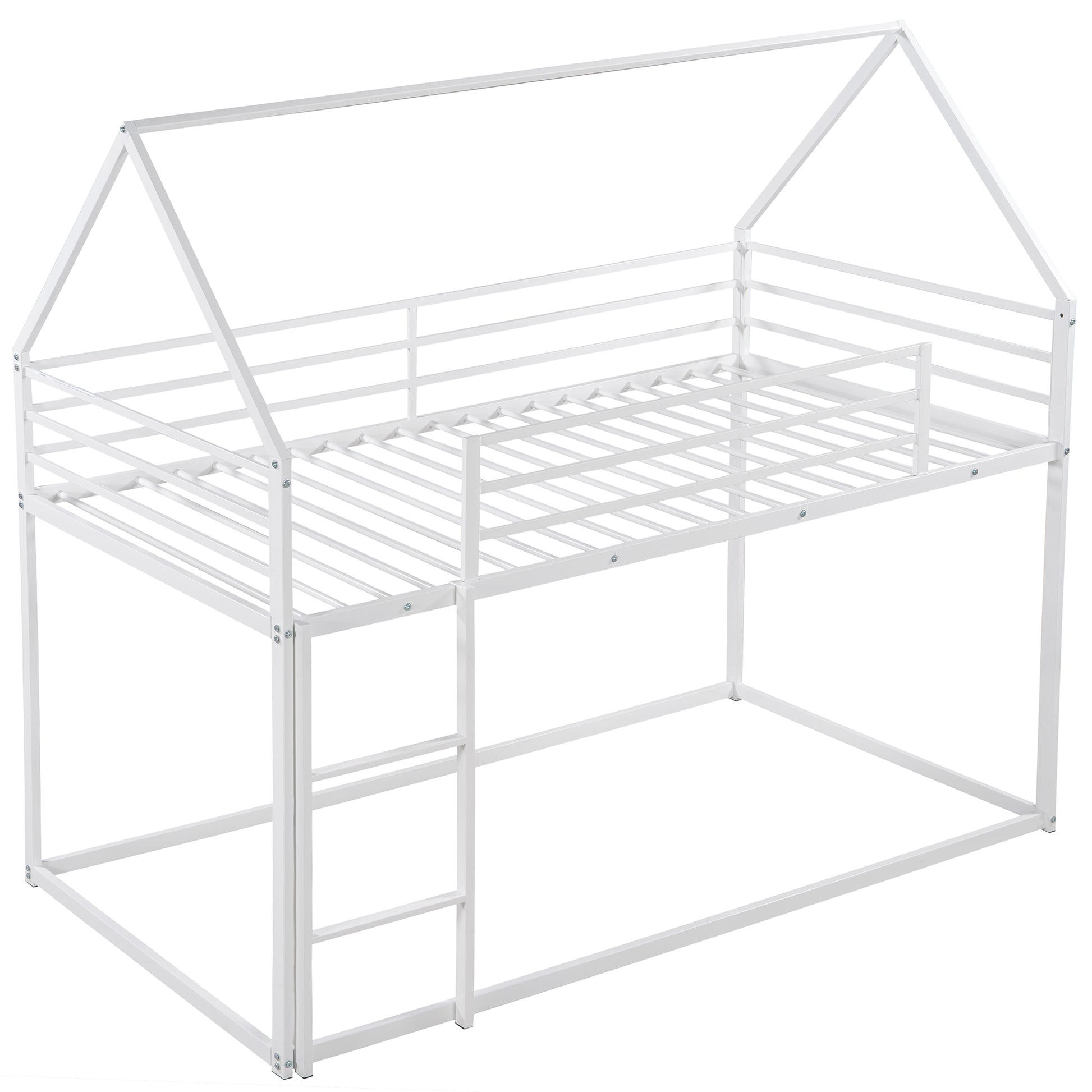White metal bunk bed with house frame