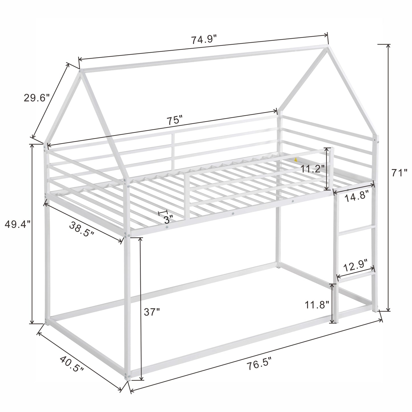 White metal twin over twin bunk bed with house frame design and ladder