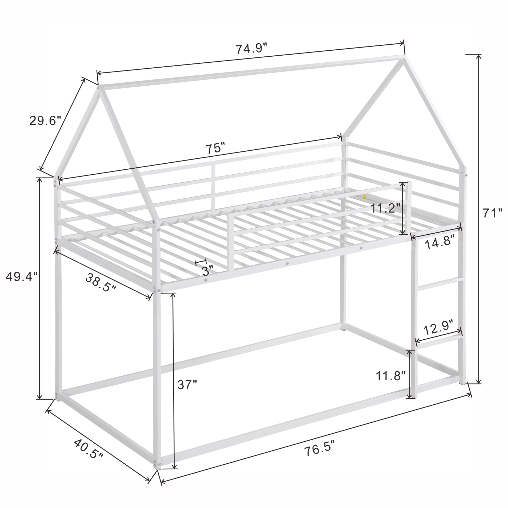 White metal twin over twin bunk bed with house frame design and ladder