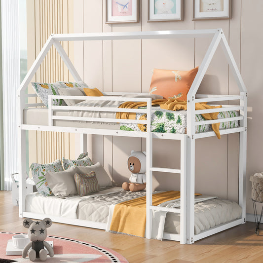 TREATLIFE HOME Twin Over Twin House Bunk Bed with Built-in Ladder, Space-Saving Design, White