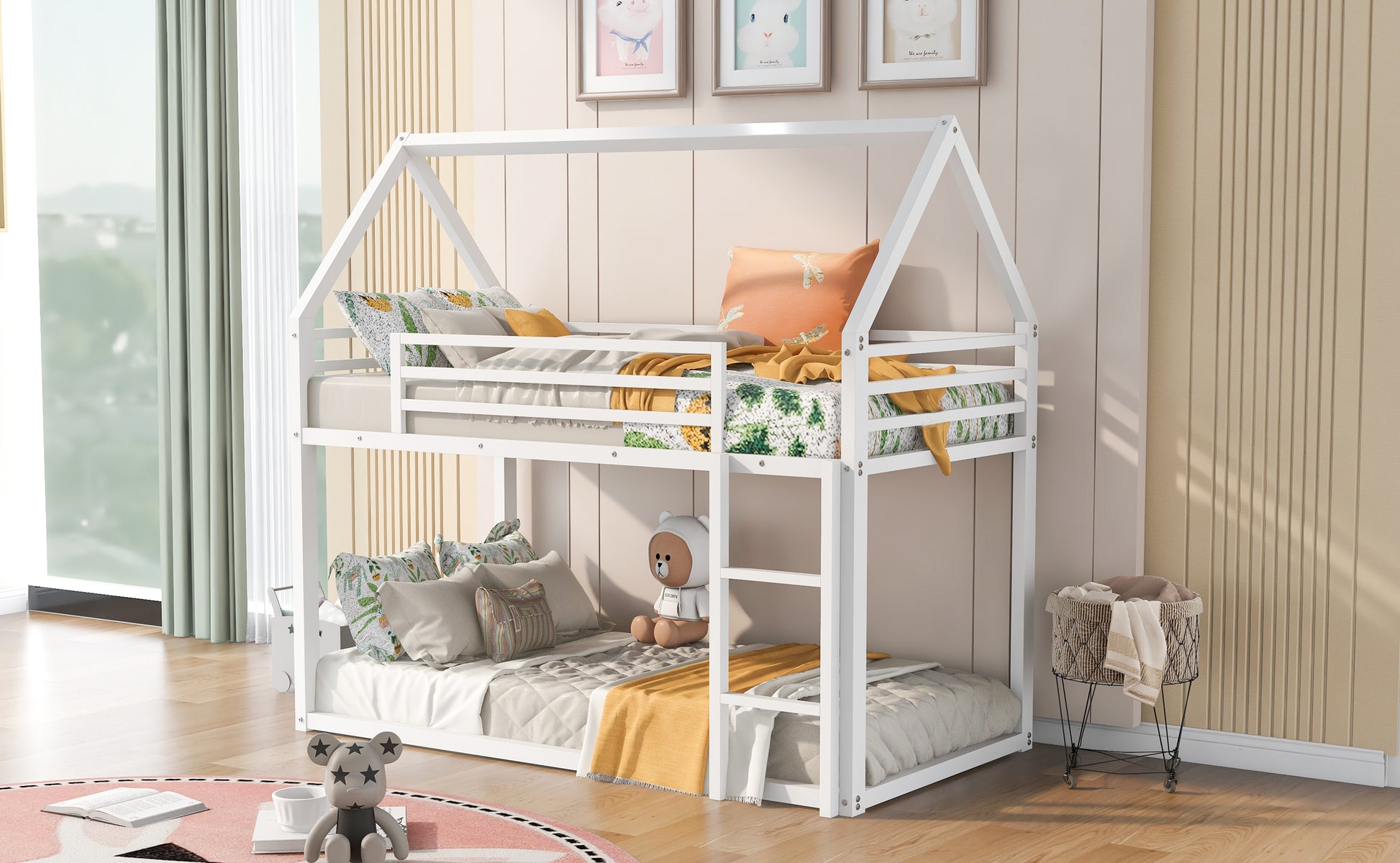 White wooden house bunk bed with playful bedding and stuffed animals