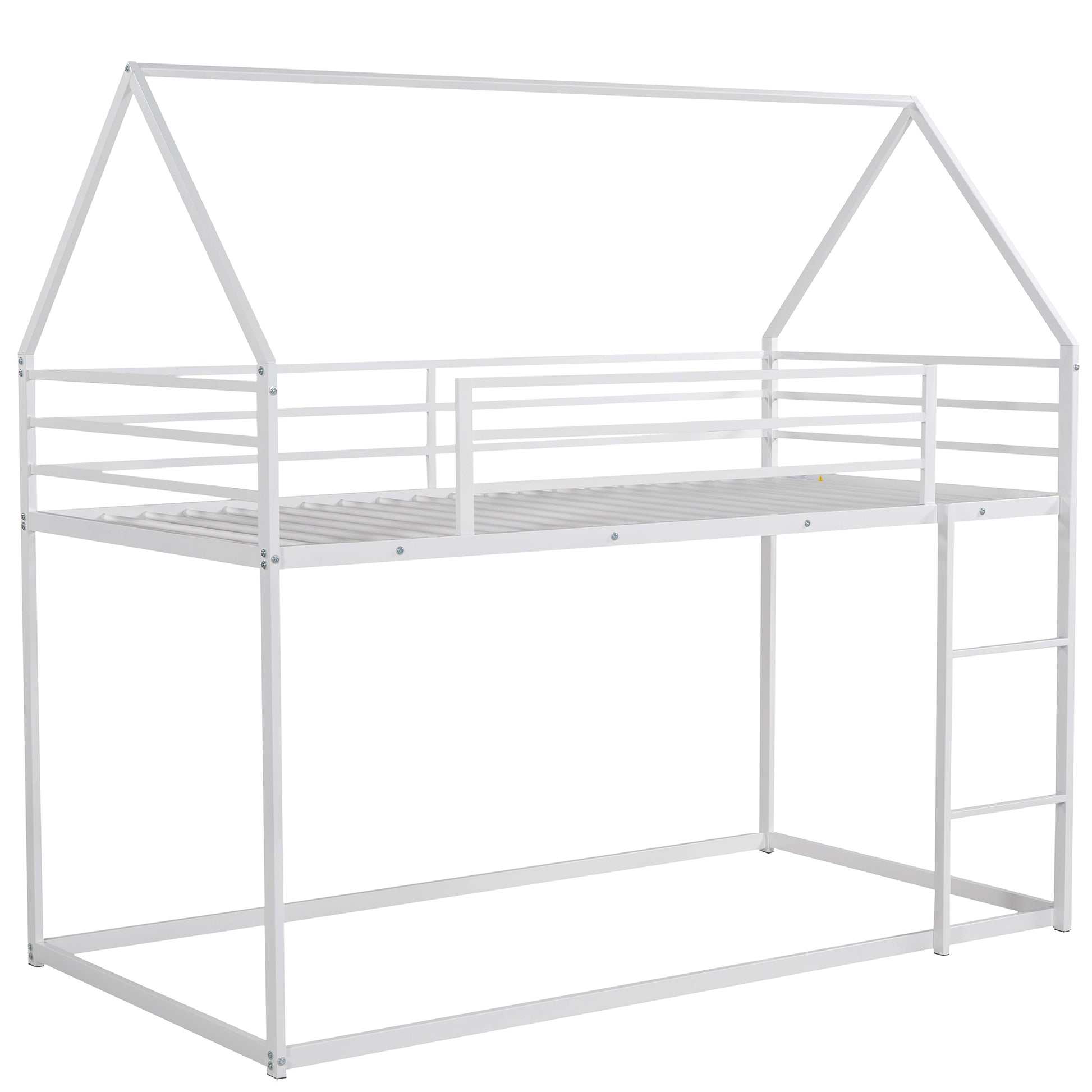 White metal house frame loft bed with ladder