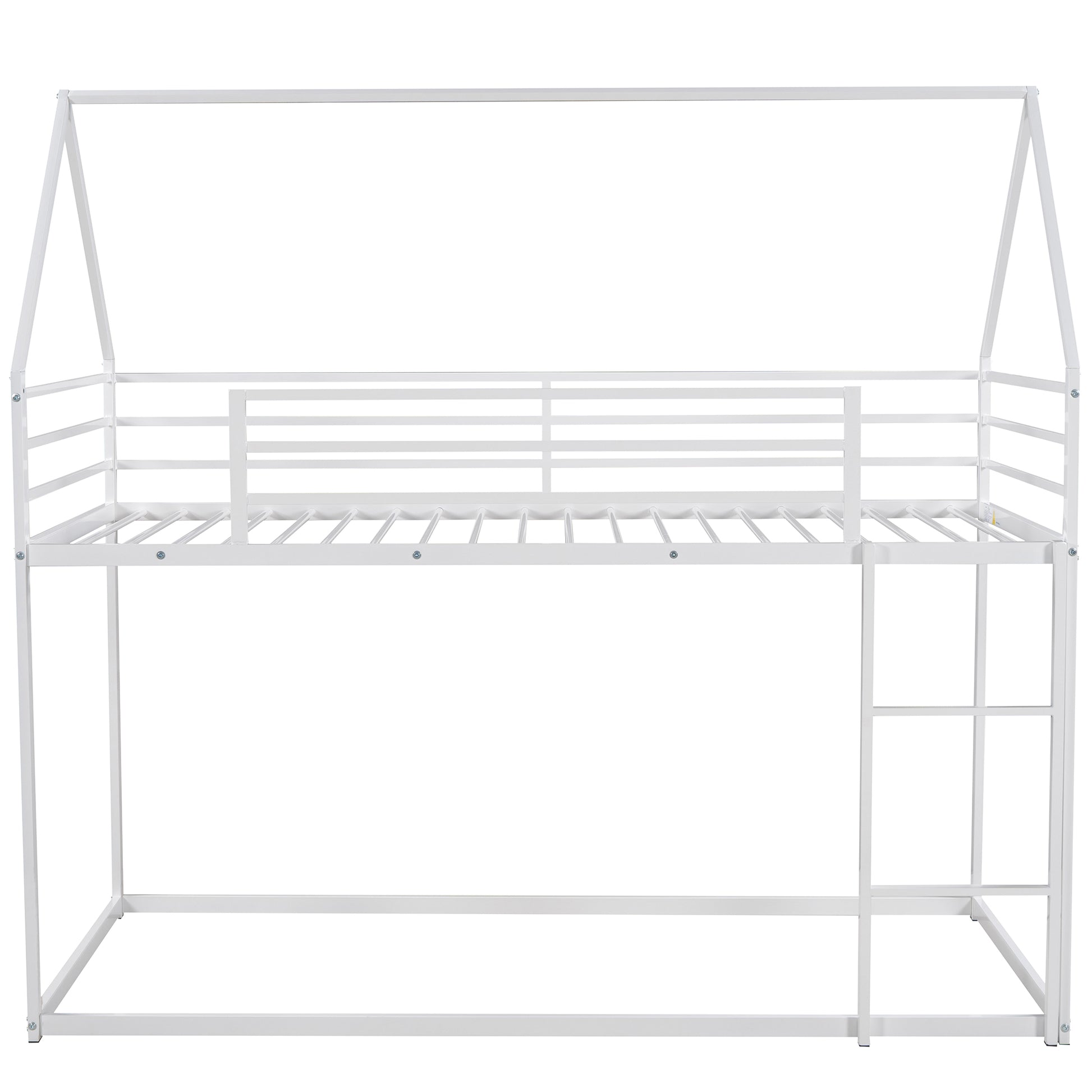 White metal twin loft bed frame with houseshaped top and ladder