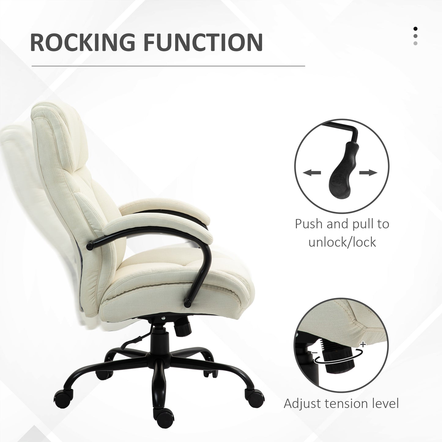 Cream fabric office chair with padded armrests and adjustable rocking tension