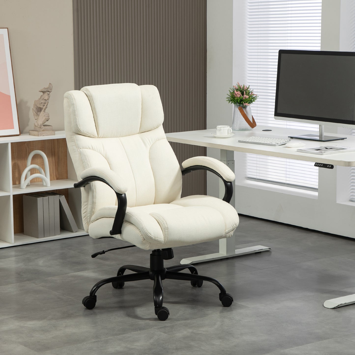 Cream executive office chair with padded armrests and wheels