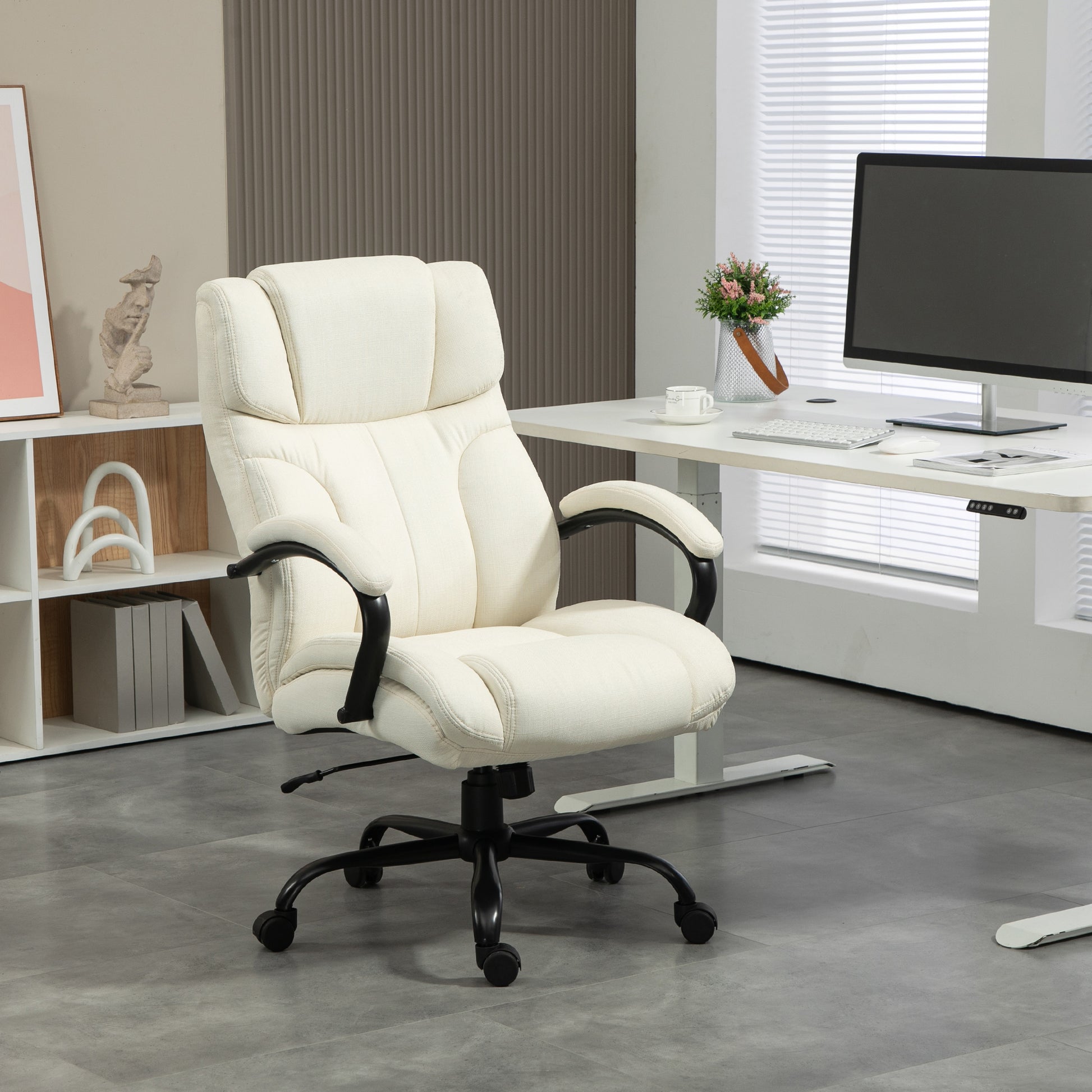 Cream executive office chair with padded armrests and wheels
