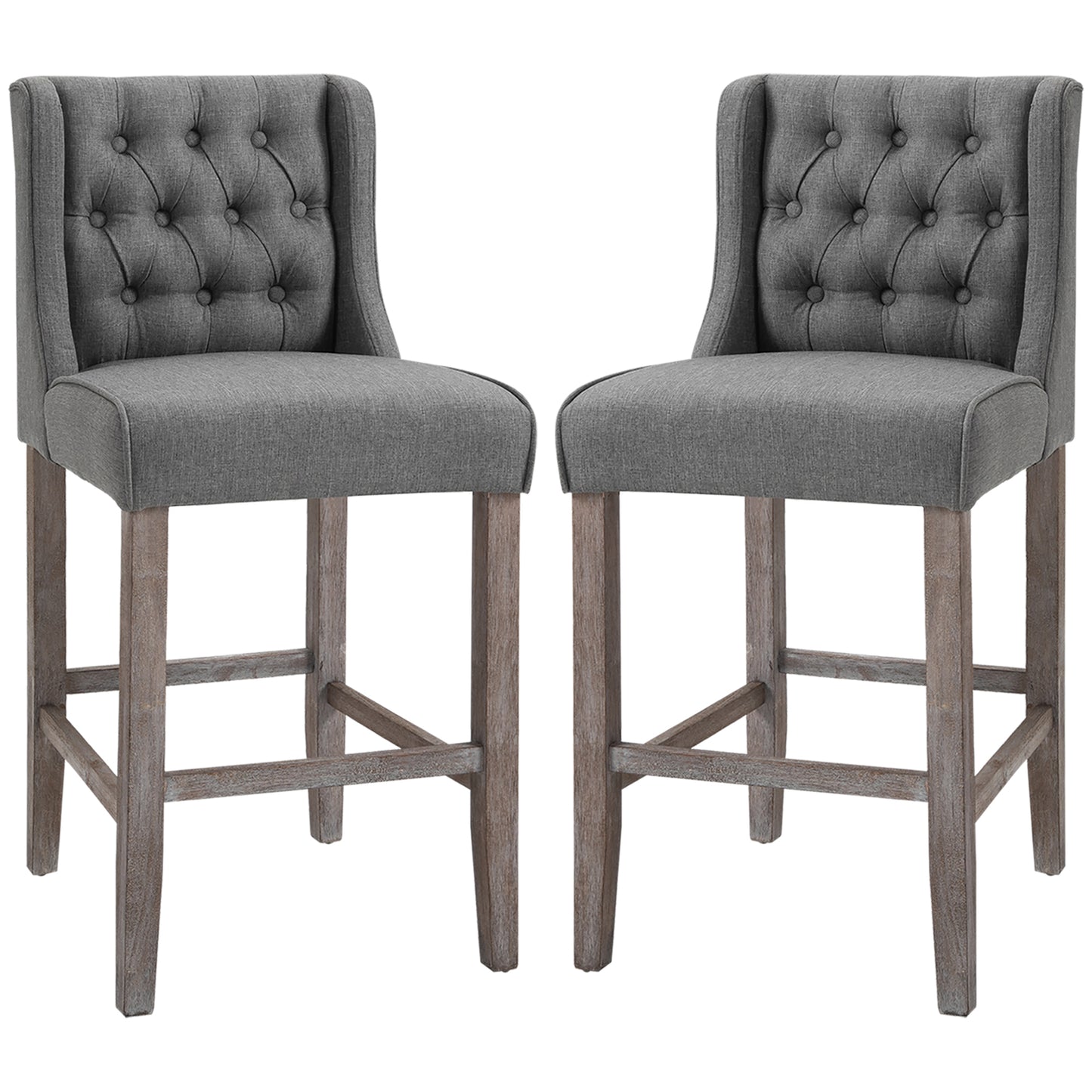 Tufted grey fabric bar stool with distressed wood legs set of two