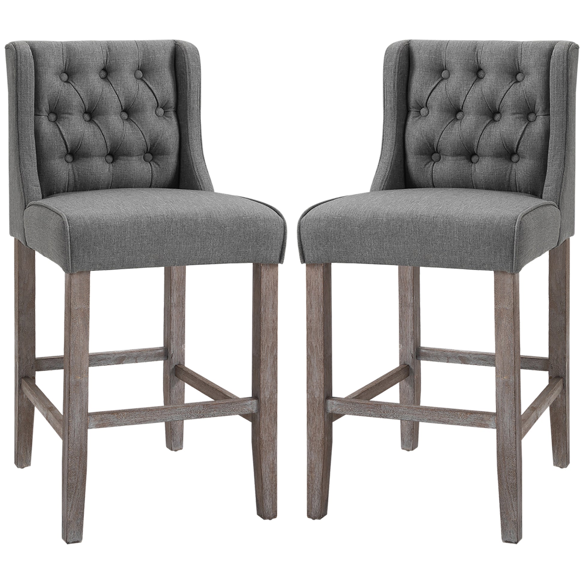 Tufted grey fabric bar stool with distressed wood legs set of two