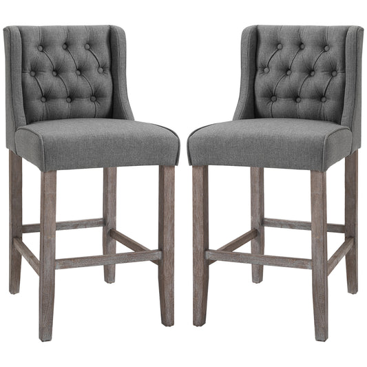 Tufted grey fabric bar stool with distressed wood legs set of two