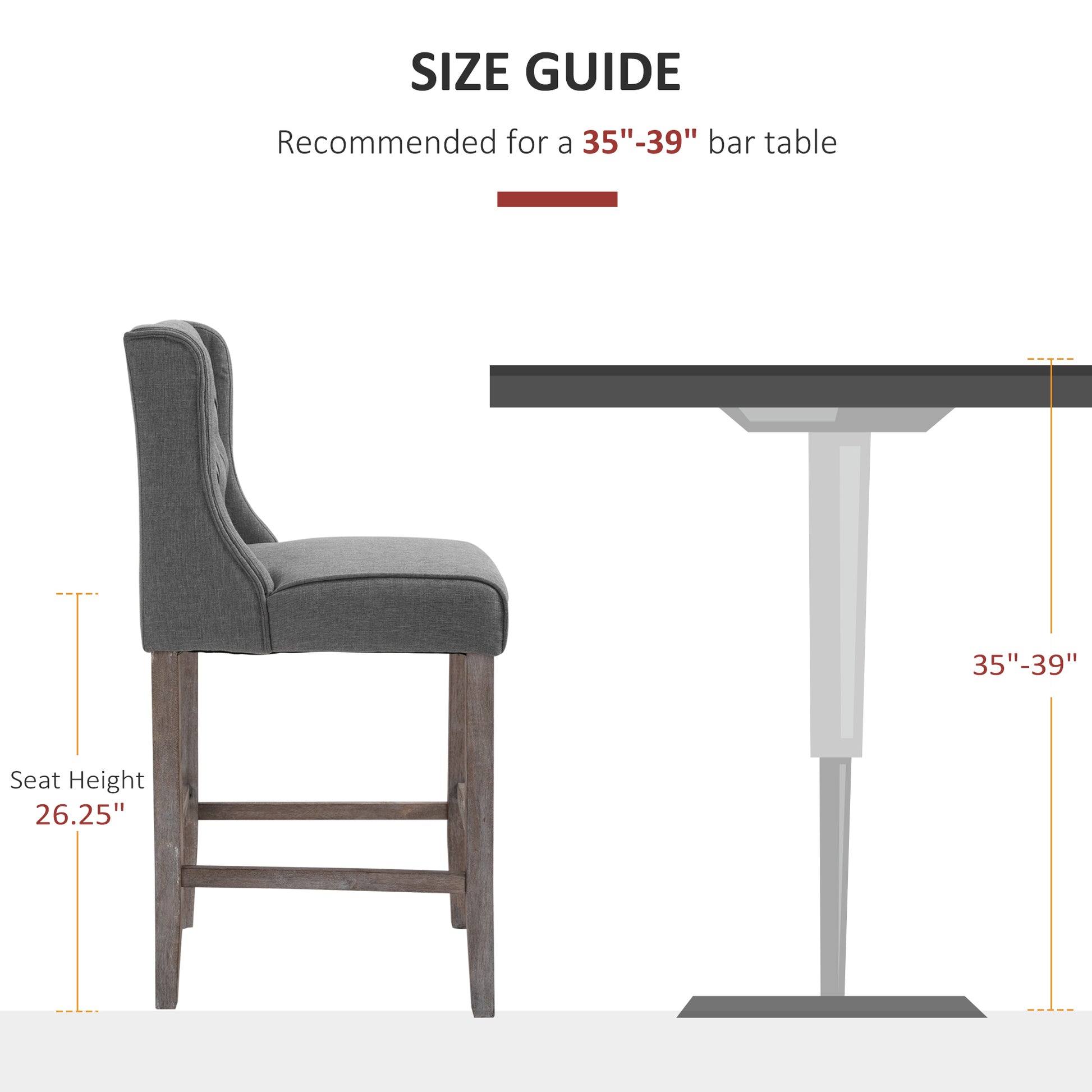 Grey upholstered bar stool with tufted back and wooden legs seat height  inches