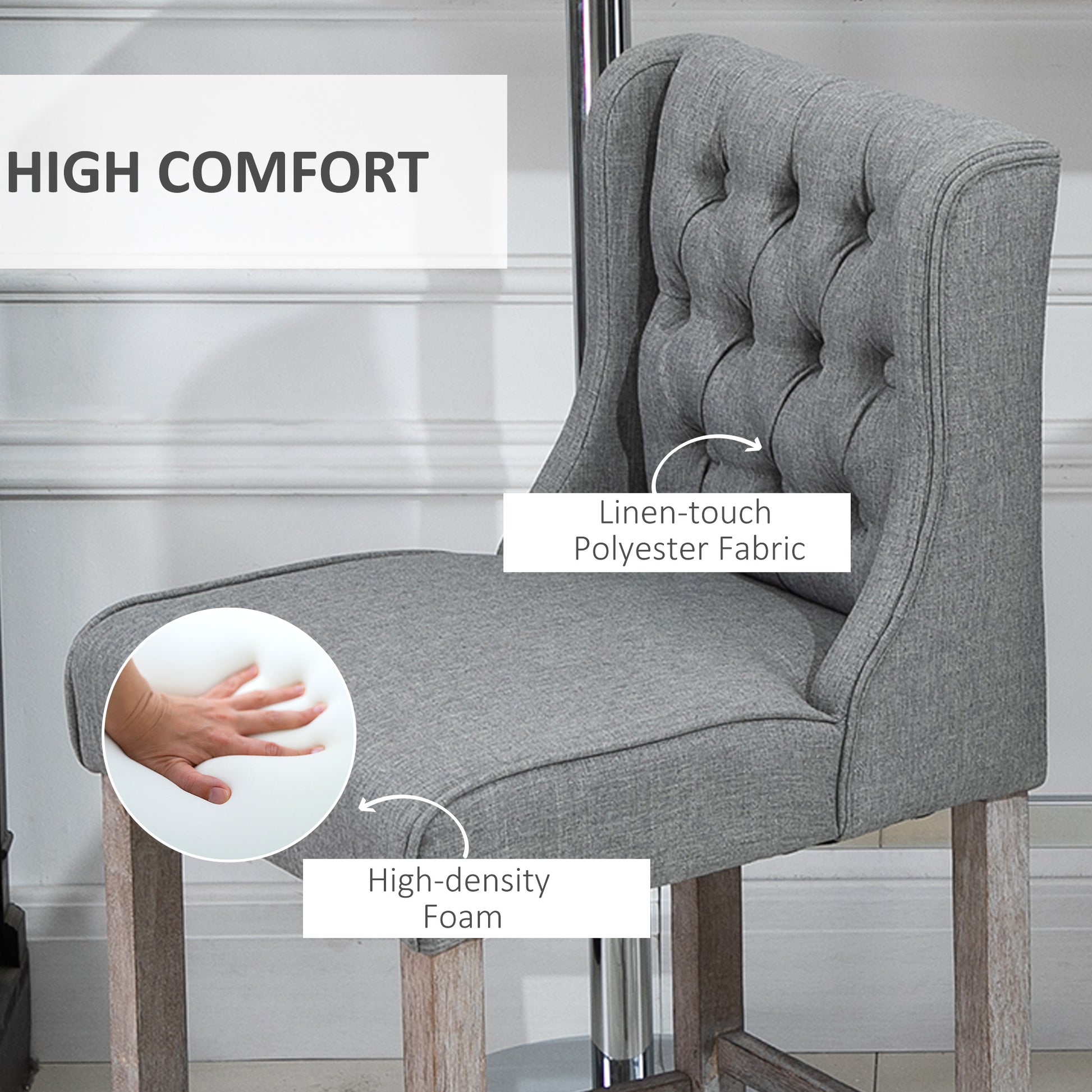 Tufted grey linentouch polyester fabric bar stool with highdensity foam seating