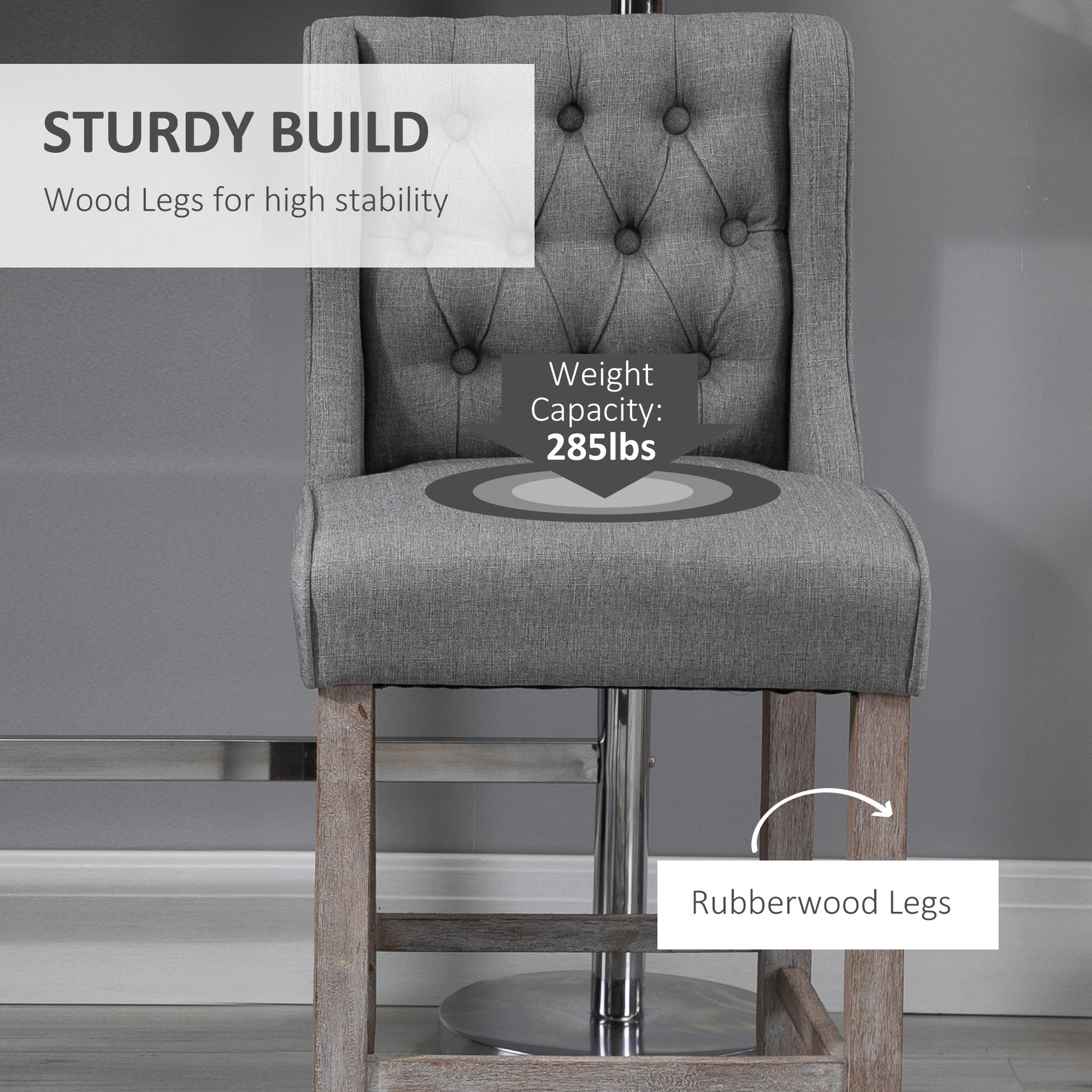 Gray tufted bar stool with sturdy rubberwood legs capable of holding lbs