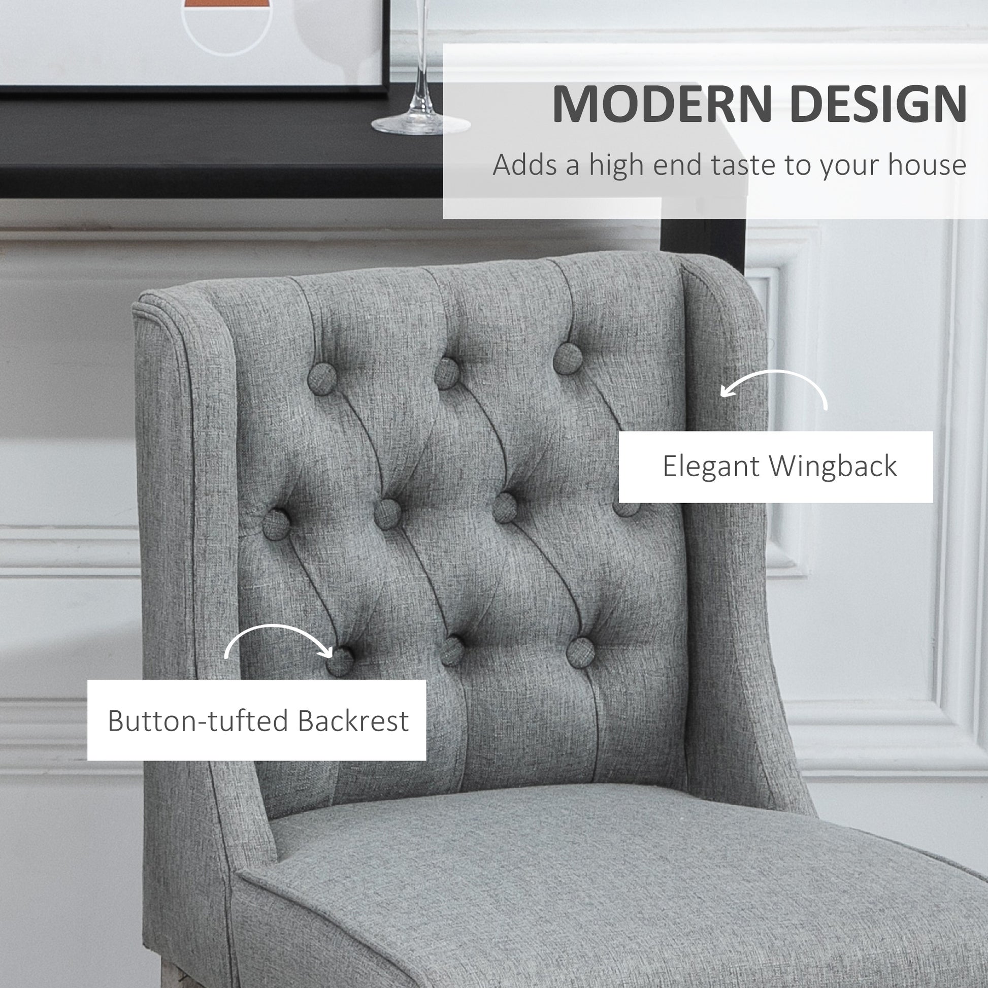 Grey fabric wingback chair with buttontufted backrest for modern dining