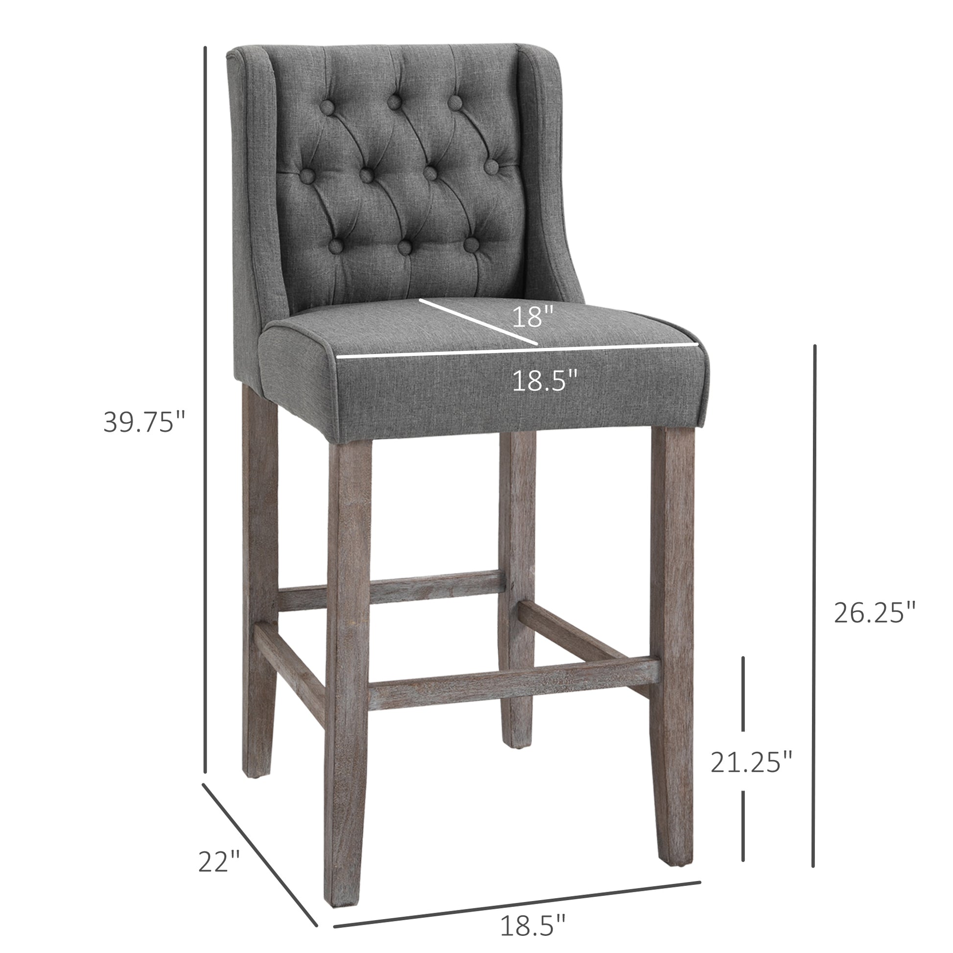 Dark gray tufted bar stool with distressed wood legs and inch seat depth