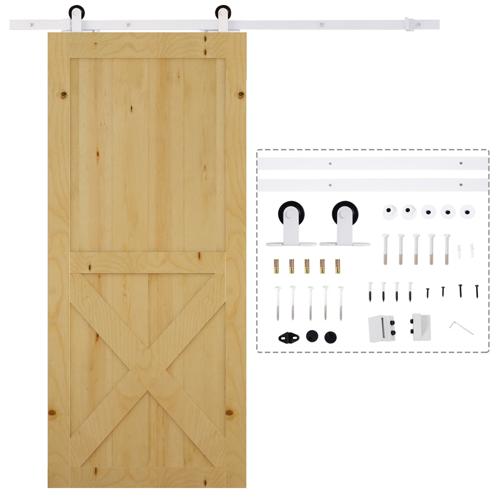 Natural wood plank barn door with white hardware kit and mounting screws