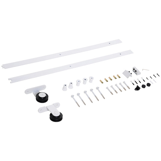 White sliding barn door hardware kit including two rails rollers and assorted screws
