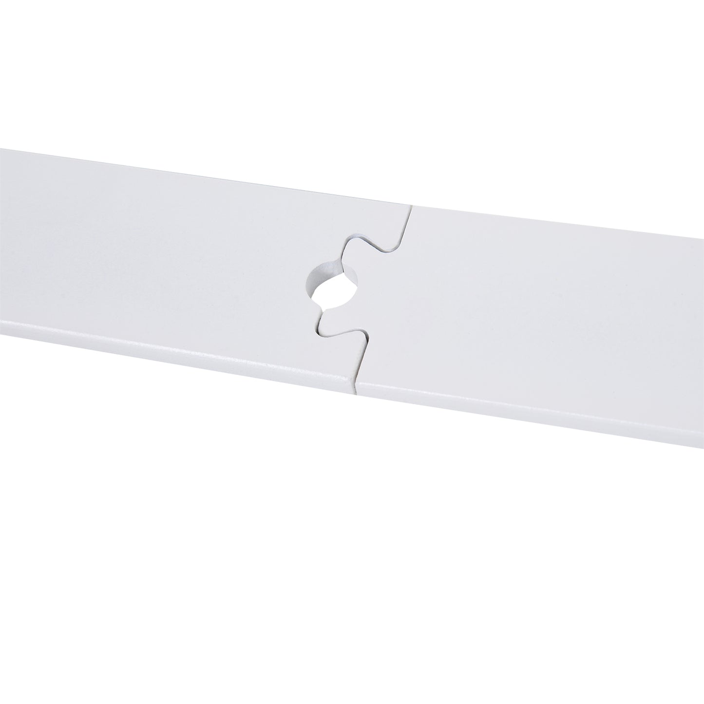 Two white interlocking puzzle pieces with a circular cutout