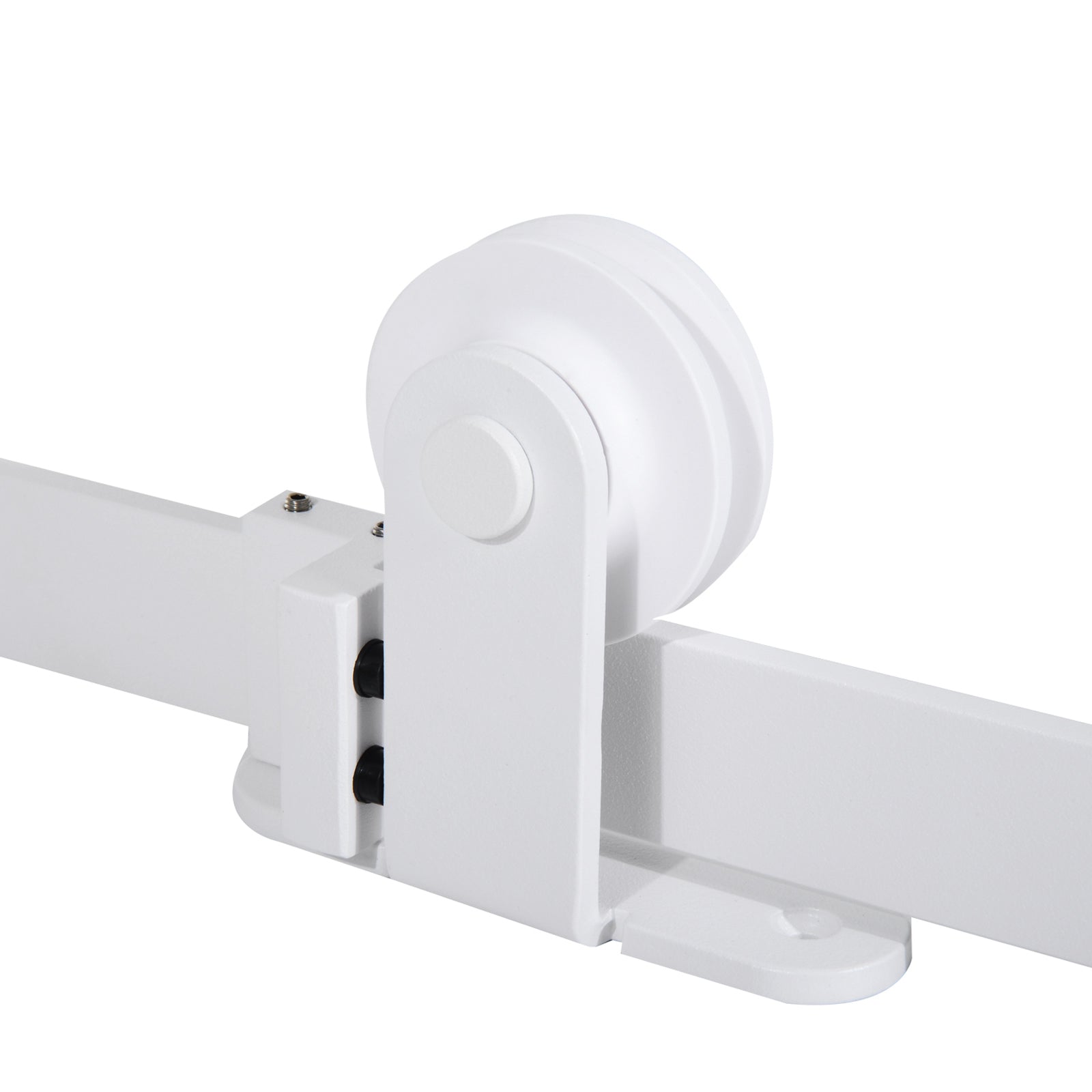 Close up of a white sliding barn door hardware roller and track assembly