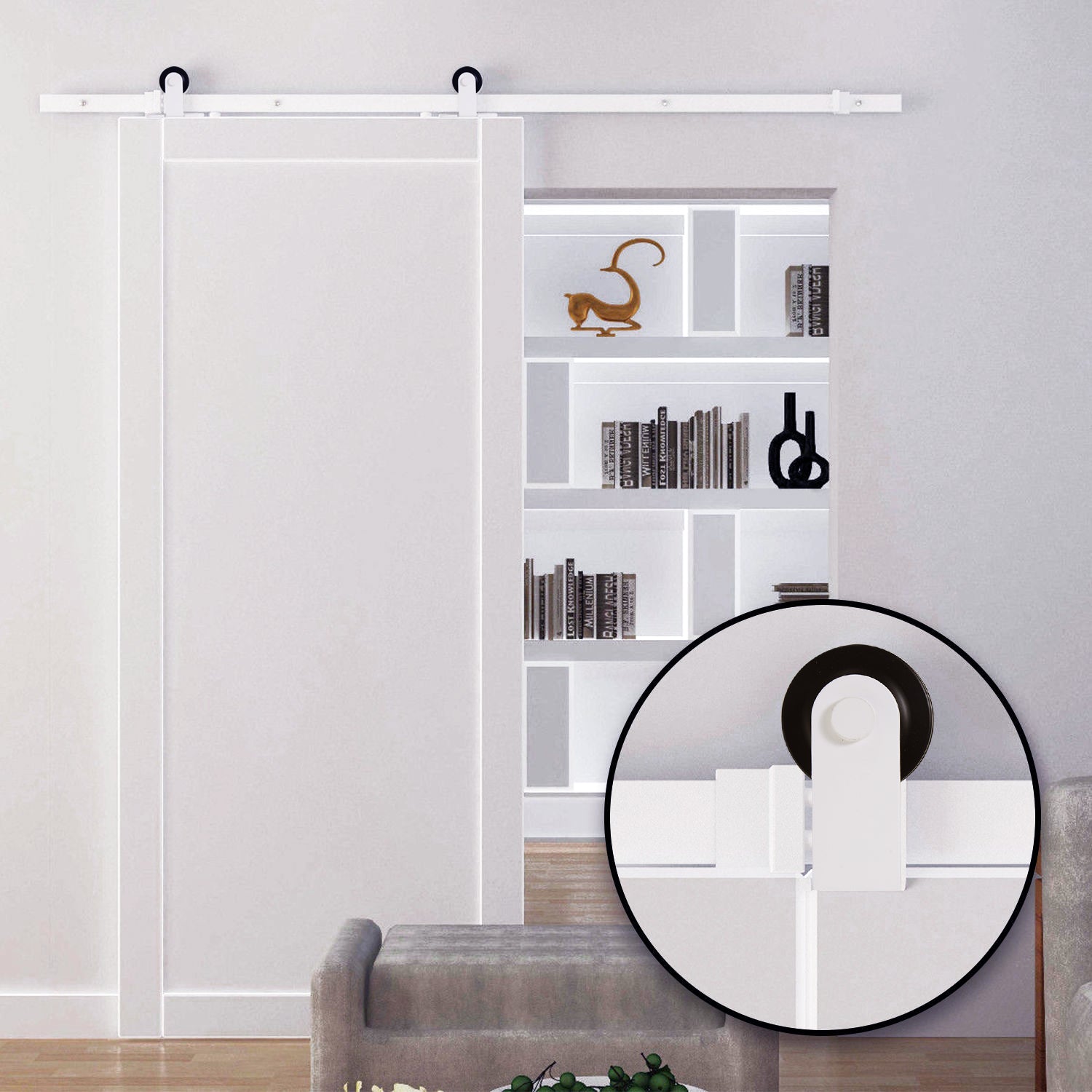 White modern barn door with black roller hardware perfect for interior design