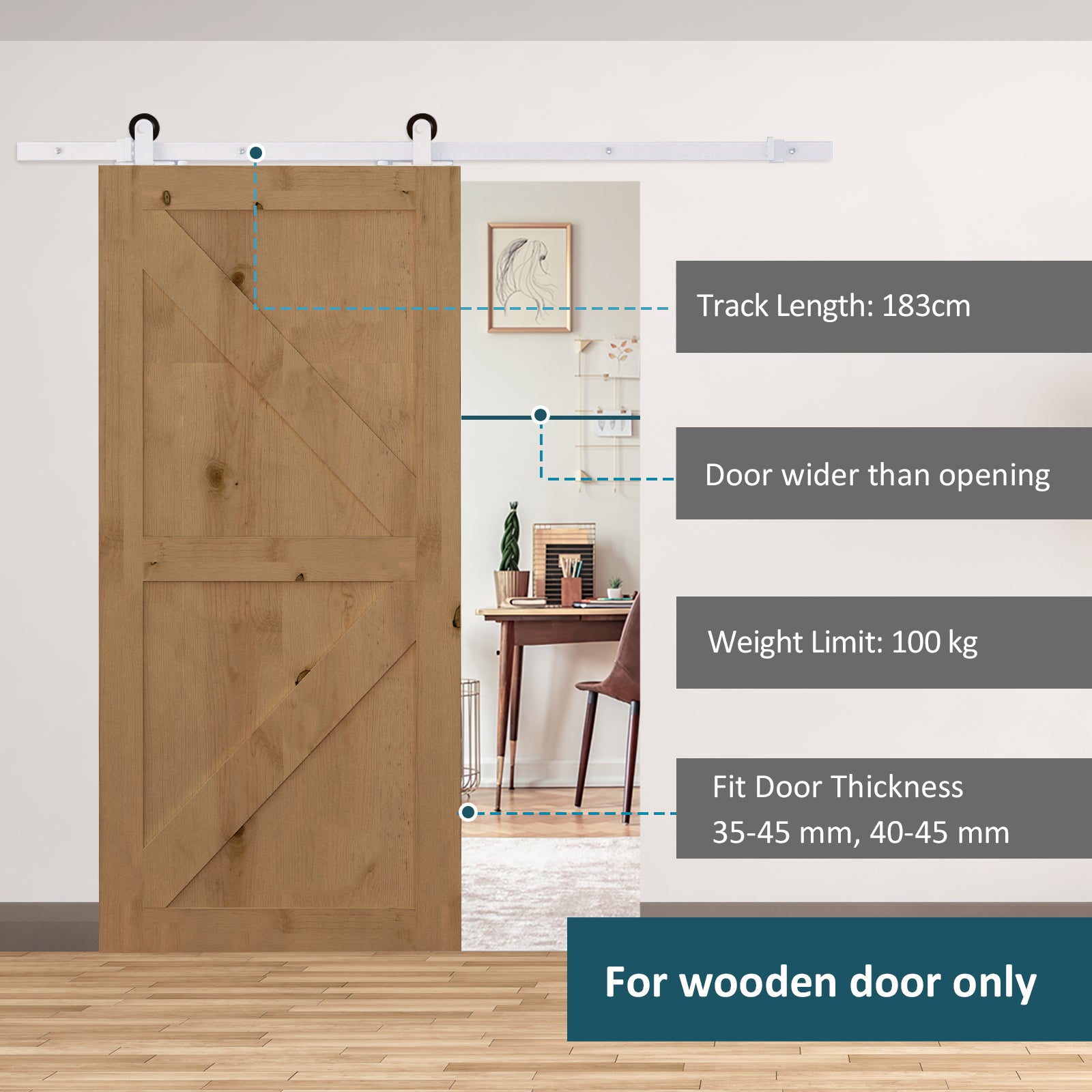 Rustic wooden barn door with diagonal plank design and metal hanging track