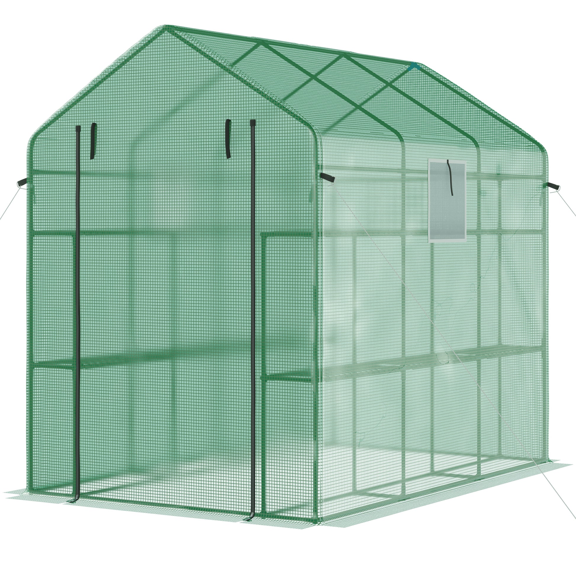 Green mesh walkin greenhouse with shelves ideal for garden enthusiasts
