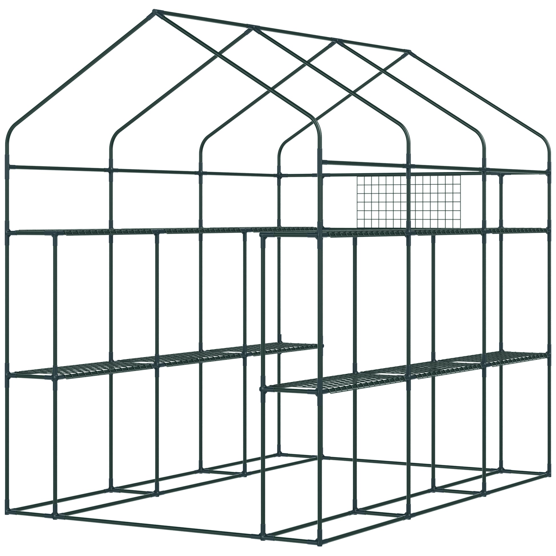 Green metal greenhouse frame with multiple shelves and peaked roof for plant cultivation